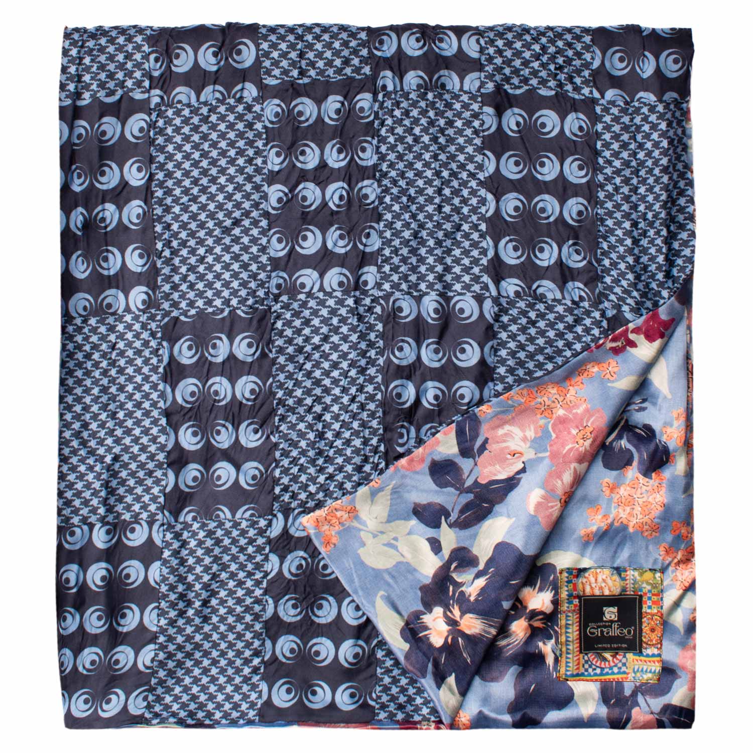 Sciarpa di Seta Blu Vintage Patchwork Fantasia Azzurra S707 Made in Italy Graffeo Cravatte Dettaglio