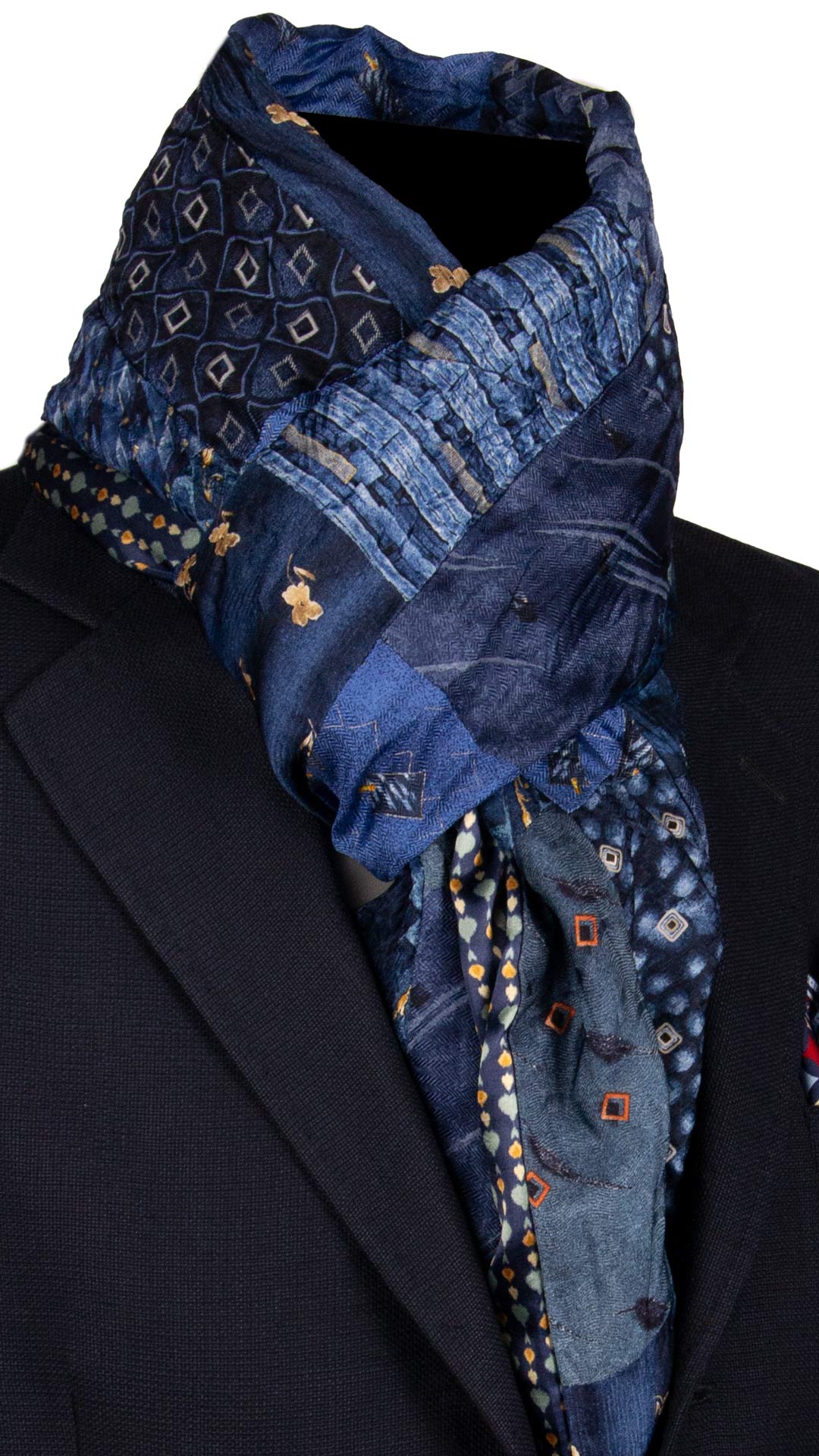 Sciarpa di Seta Blu Vintage Patchwork Fantasia Multicolor S762 Made in Italy Graffeo Cravatte