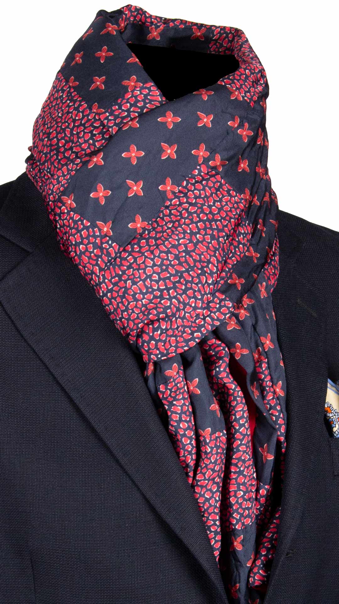 Sciarpa-di-Seta-Blu-Vintage-Patchwork-Fantasia-Rossa-Bianca- S644