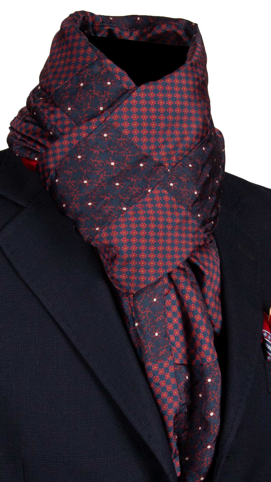 Sciarpa-di-Seta-Blu-Vintage-Patchwork-Fantasia-Rossa-Bianca- S659