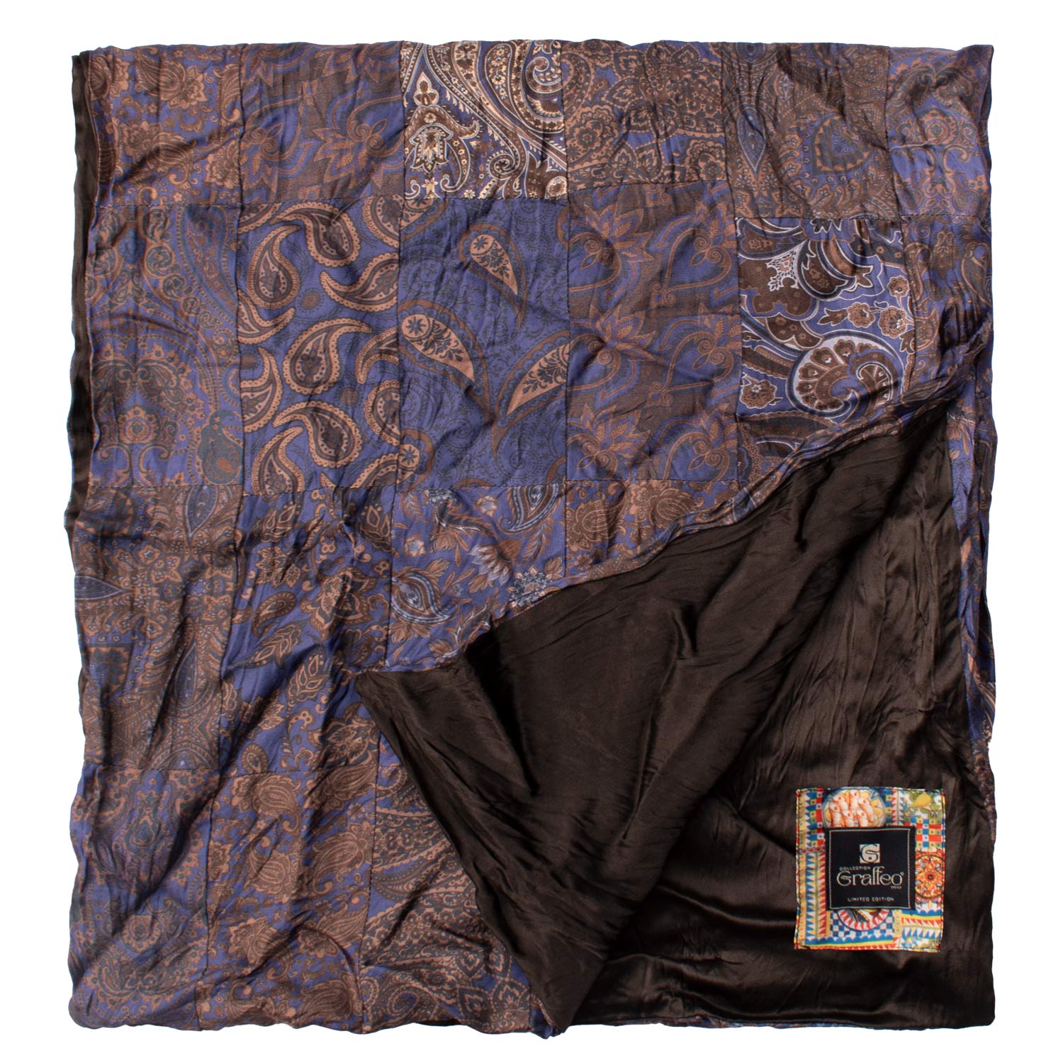 Sciarpa di Seta Bluette Patchwork Paisley Marrone Celeste Made in Italy Graffeo Cravatte Dettaglio