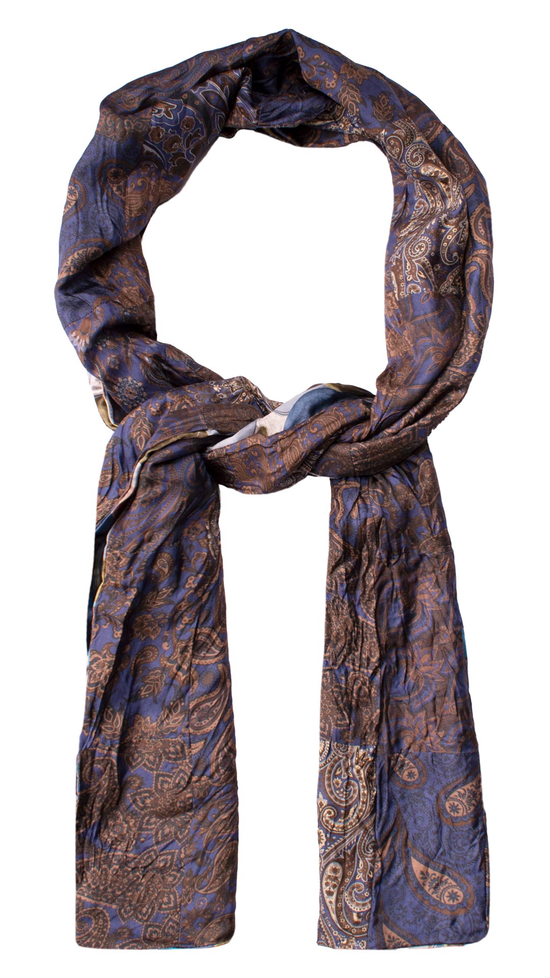 Sciarpa di Seta Bluette Vintage Patchwork Paisley Marrone Celeste Bianco S711 Made in Italy Graffeo Cravatte Anello