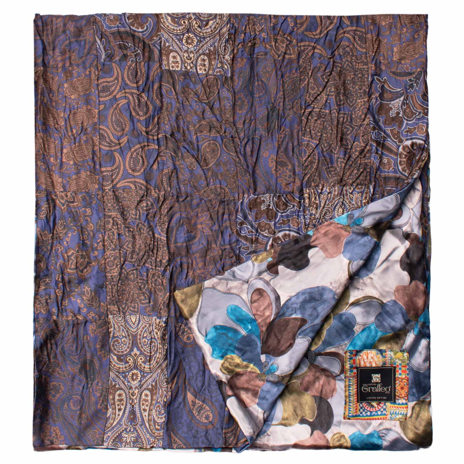 Sciarpa di Seta Bluette Vintage Patchwork Paisley Marrone Celeste Bianco S711 Made in Italy Graffeo Cravatte Dettaglio