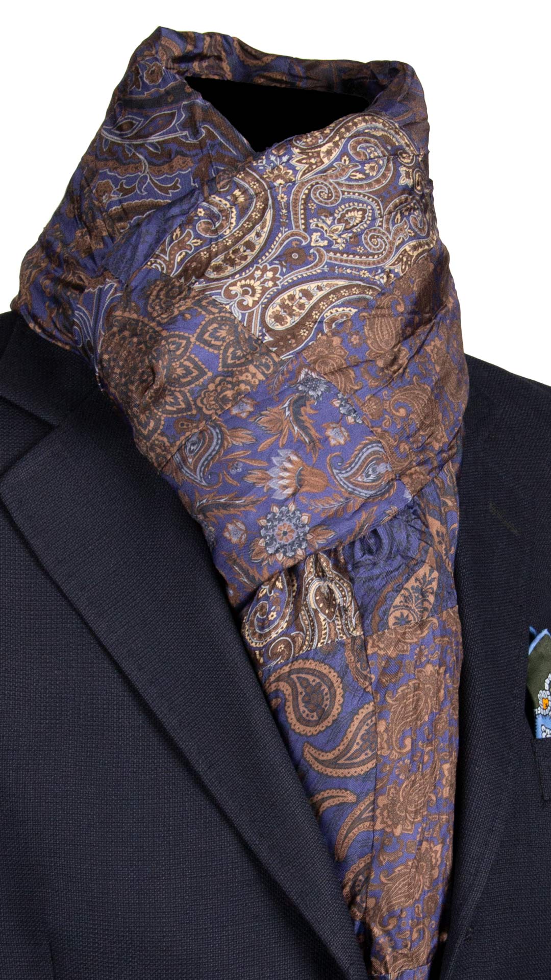 Sciarpa di Seta Bluette Vintage Patchwork Paisley Marrone Celeste Bianco S711 Made in Italy Graffeo Cravatte