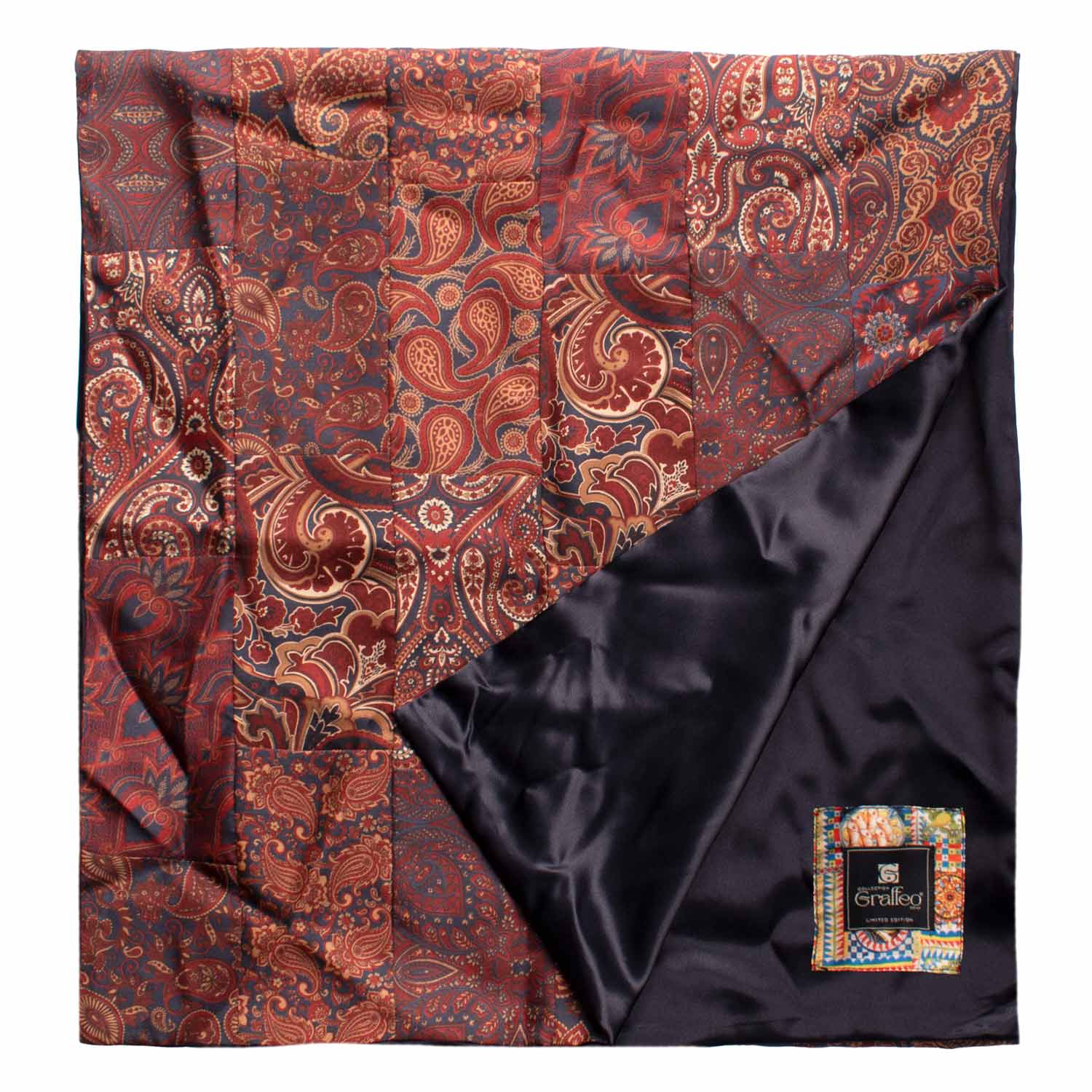 Sciarpa di Seta Bordeaux Blu Marrone Patchwork Paisley Multicolor Made in Italy Graffeo Cravatte Dettaglio
