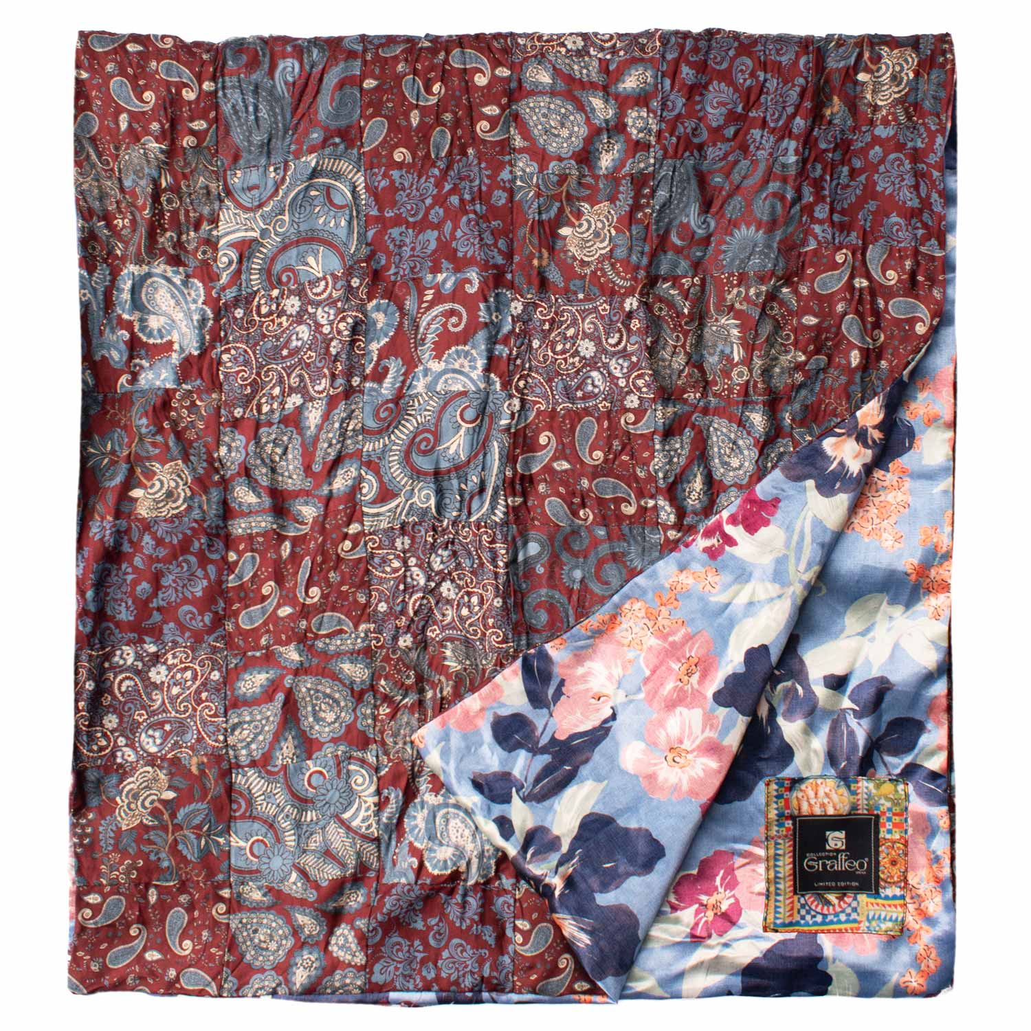 Sciarpa di Seta Bordeaux Micro Mosaico Vintage Patchwork Paisley Celeste Bianco S708 Made in Italy Graffeo Cravatte Dettaglio