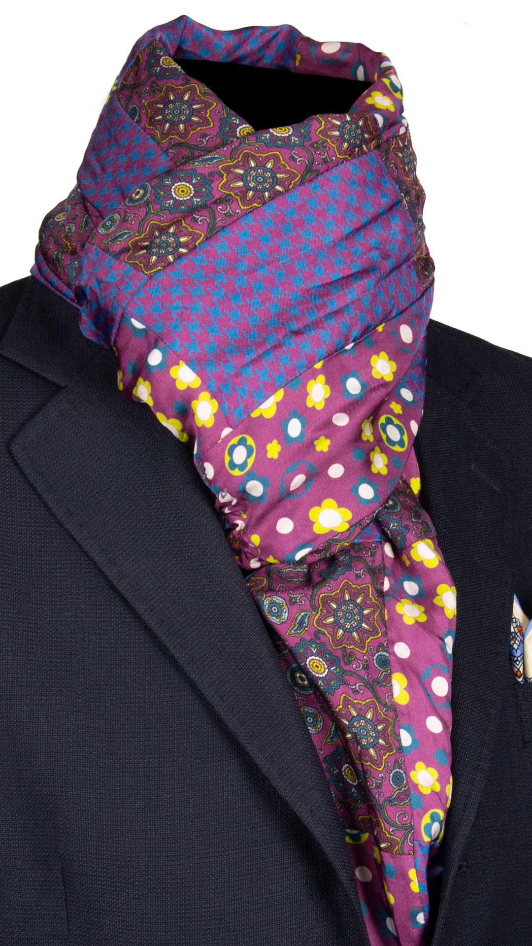 Sciarpa di Seta Borgogna Vintage Patchwork Fantasia Gialla Avio Bianco S638 Made in Italy Graffeo Cravatte