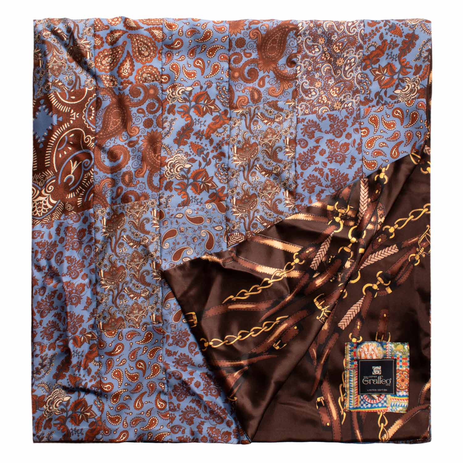 Sciarpa di Seta Celeste Patchwork Paisley Marrone Bianco Made in Italy Graffeo Cravatte Dettaglio