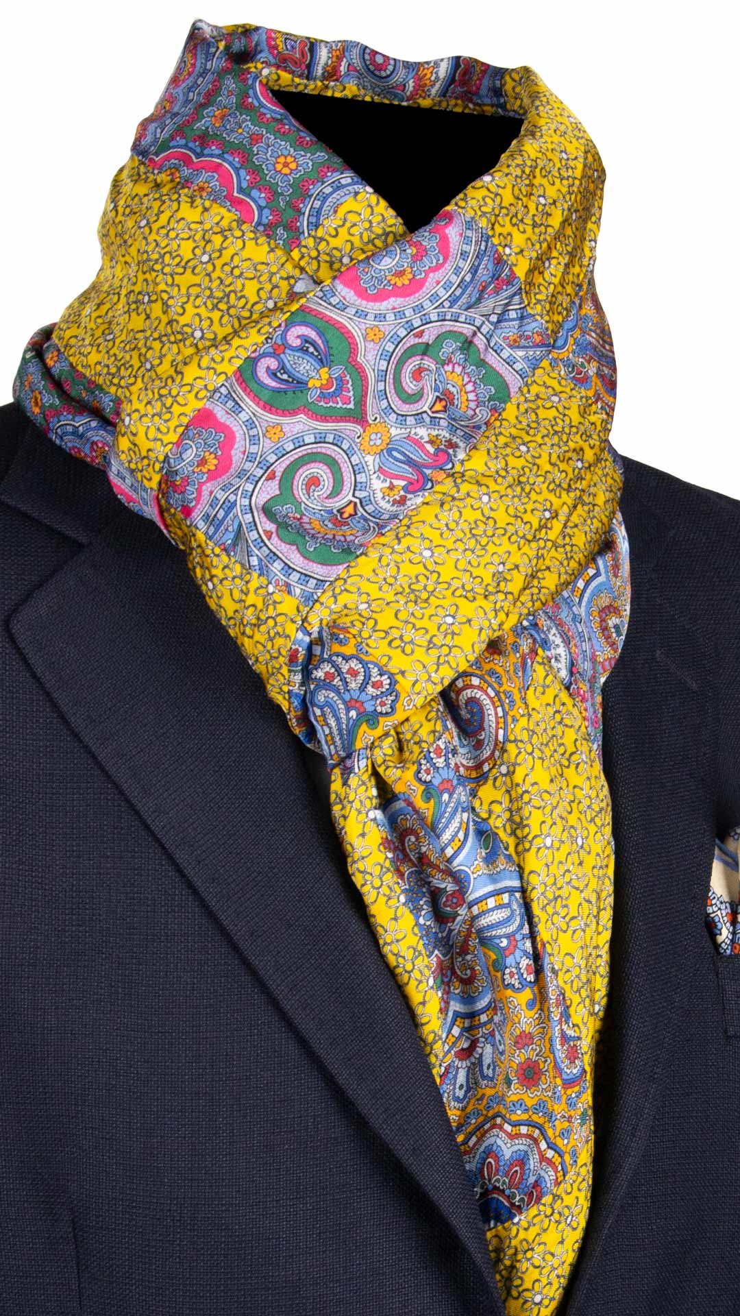 Sciarpa-di-Seta-Gialla-Vintage-Patchwork-Fantasia-Multicolor- S646