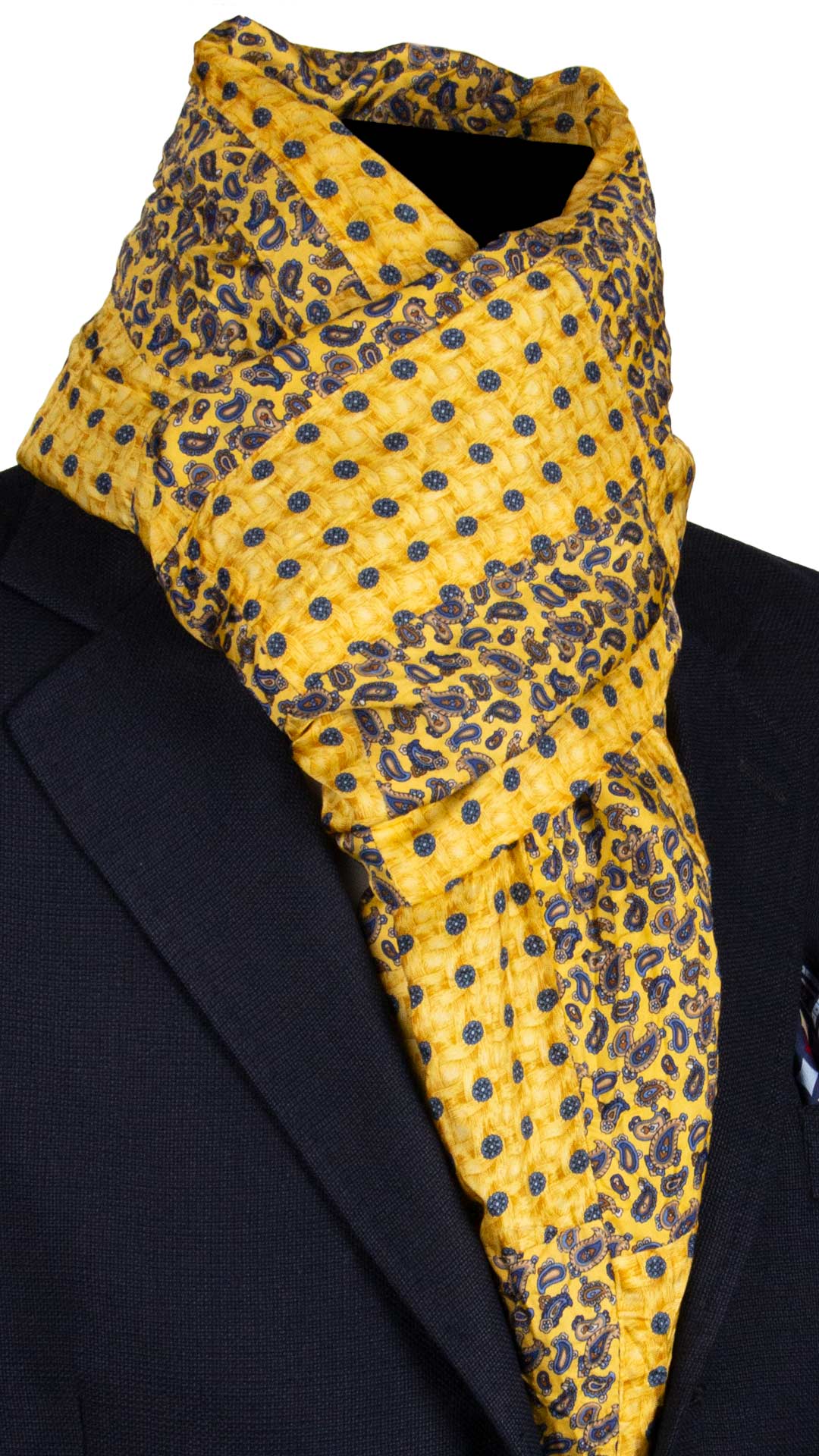 Sciarpa di Seta Gialla Vintage Patchwork Paisley Blu Beige S771 Made in Italy Graffeo Cravatte