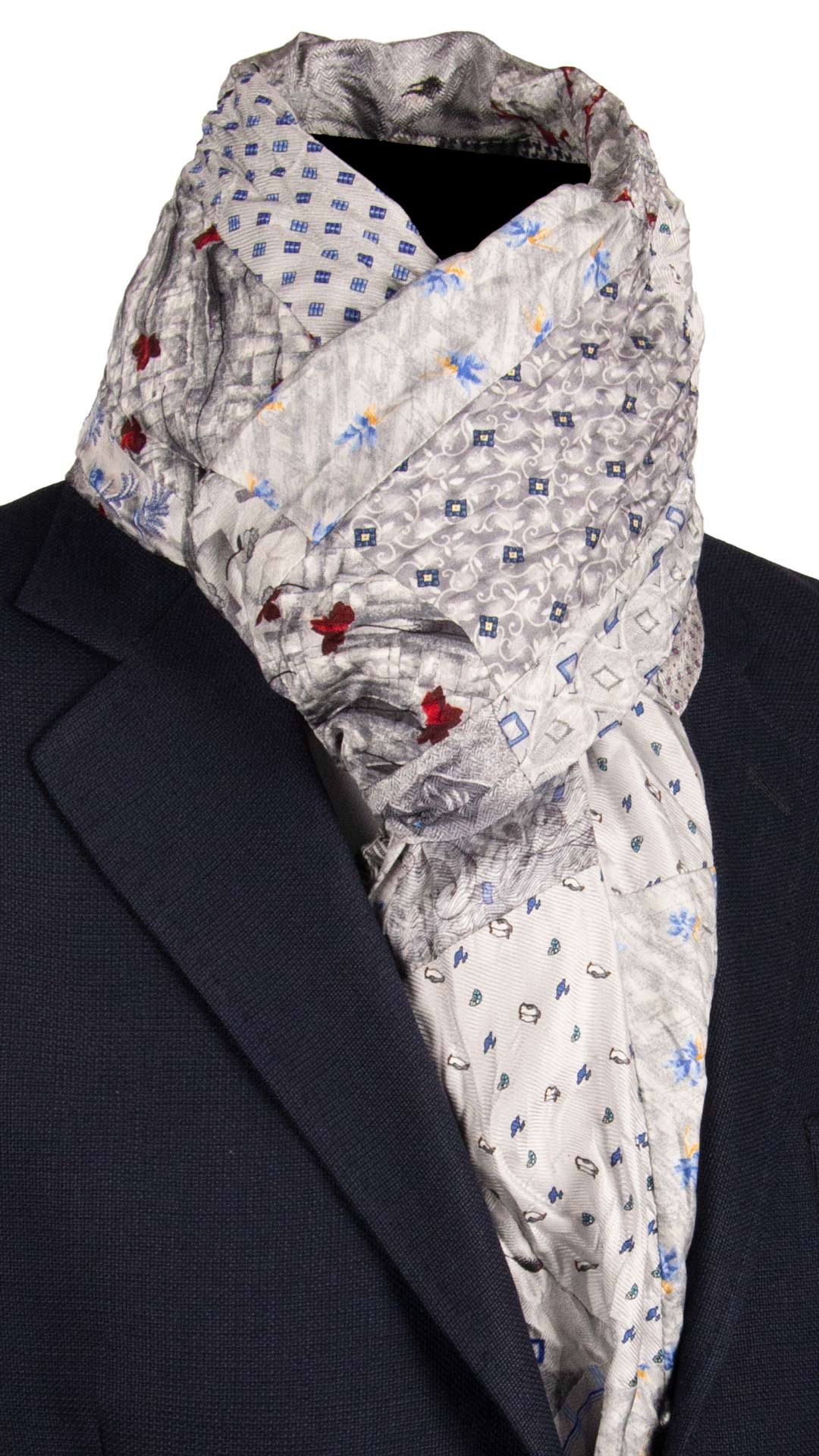 Sciarpa di Seta Grigia Argento Vintage Patchwork Fantasia Multicolor S729 Made in Italy Graffeo Cravatte