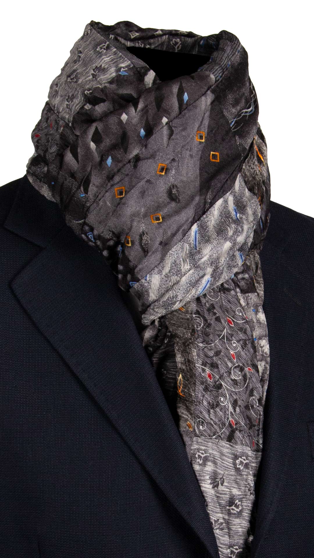 Sciarpa di Seta Grigia Nera Vintage Patchwork Fantasia Multicolor S730 Made in Italy Graffeo Cravatte