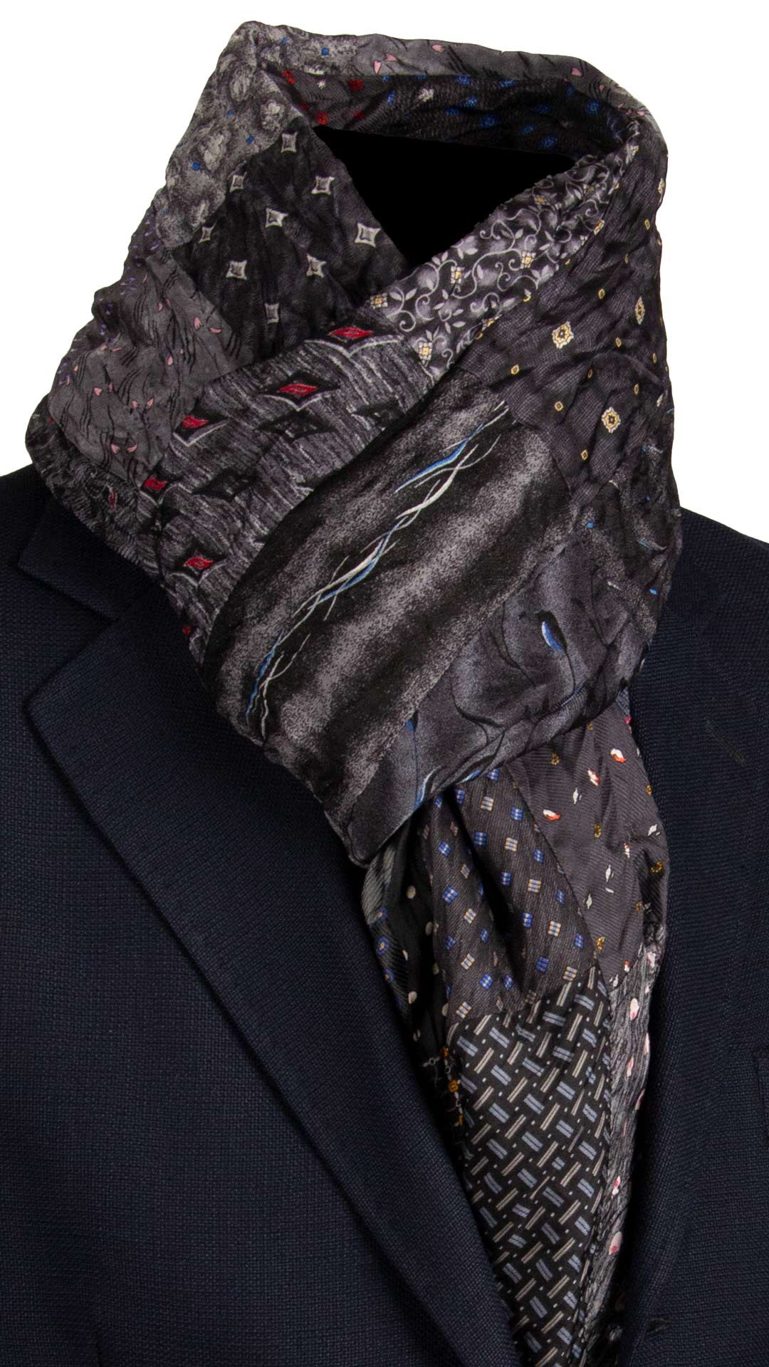 Sciarpa di Seta Grigia Nera Vintage Patchwork Fantasia Multicolor S737 Made in Italy Graffeo Cravatte