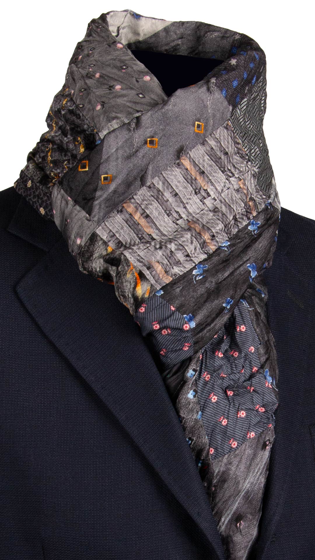 Sciarpa di Seta Grigio Nero Vintage Patchwork Fantasia Multicolor S752 Made in Italy Graffeo Cravatte