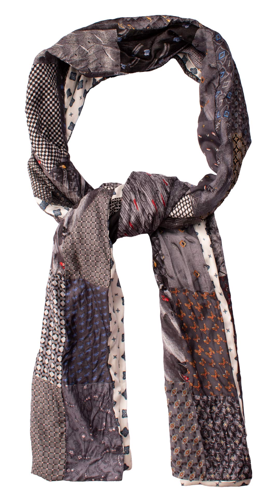 Sciarpa di Seta Grigia Patchwork Fantasia Multicolor Made in Italy Graffeo Cravatte Anello