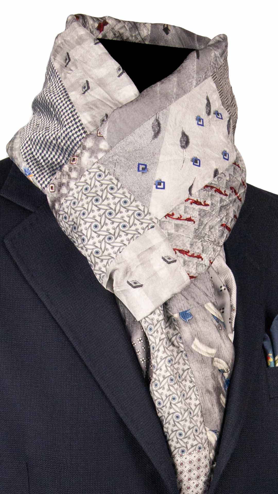 Sciarpa di Seta Grigio Argento Vintage Patchwork Fantasia Multicolor S786 Made in Italy Graffeo Cravatte
