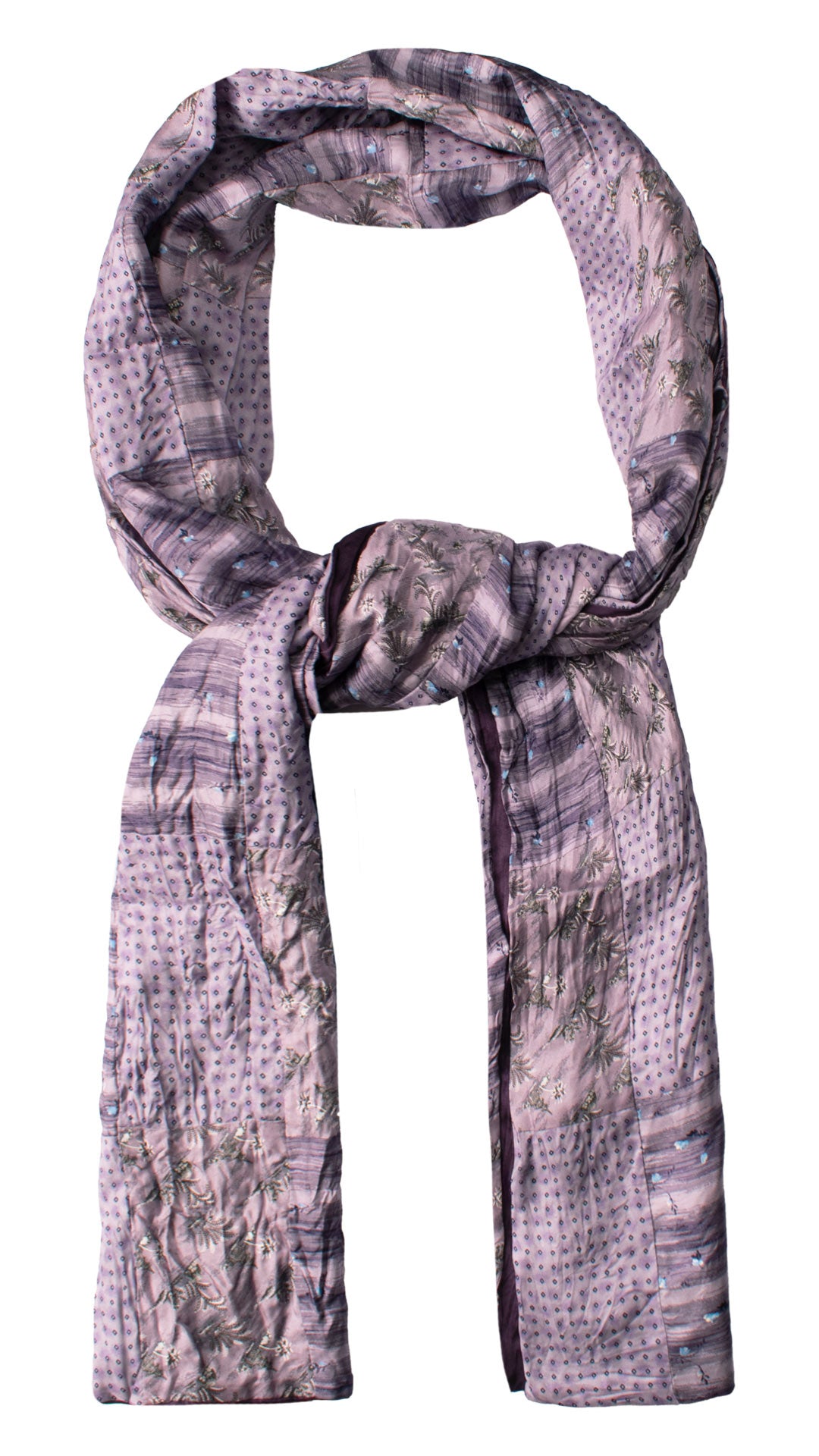 Sciarpa di Seta Lilla Vintage Patchwork Fantasia Grigio Celeste S766 Made in Italy Graffeo Cravatte Anello