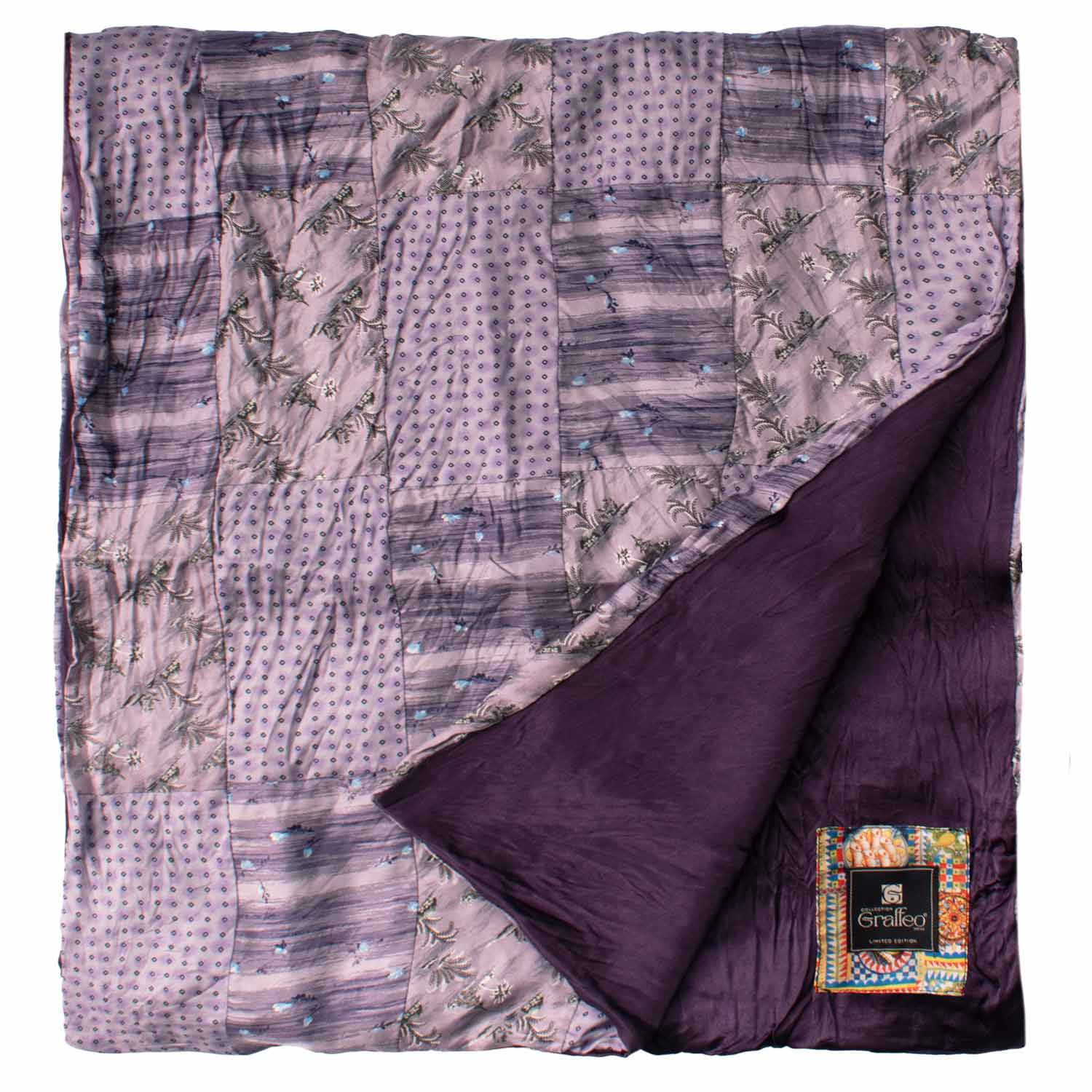 Sciarpa di Seta Lilla Vintage Patchwork Fantasia Grigio Celeste S766 Made in Italy Graffeo Cravatte Retro