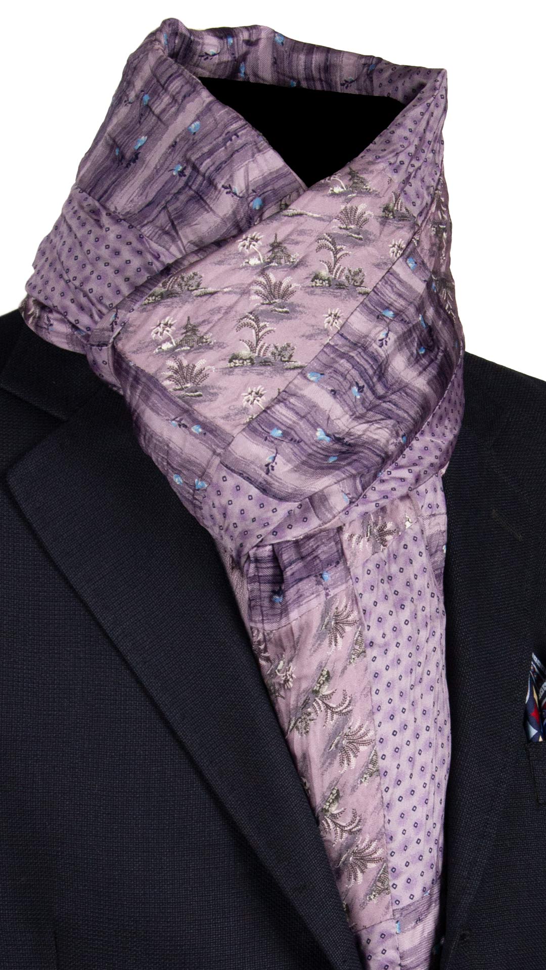 Sciarpa di Seta Lilla Vintage Patchwork Fantasia Grigio Celeste S766 Made in Italy Graffeo Cravatte