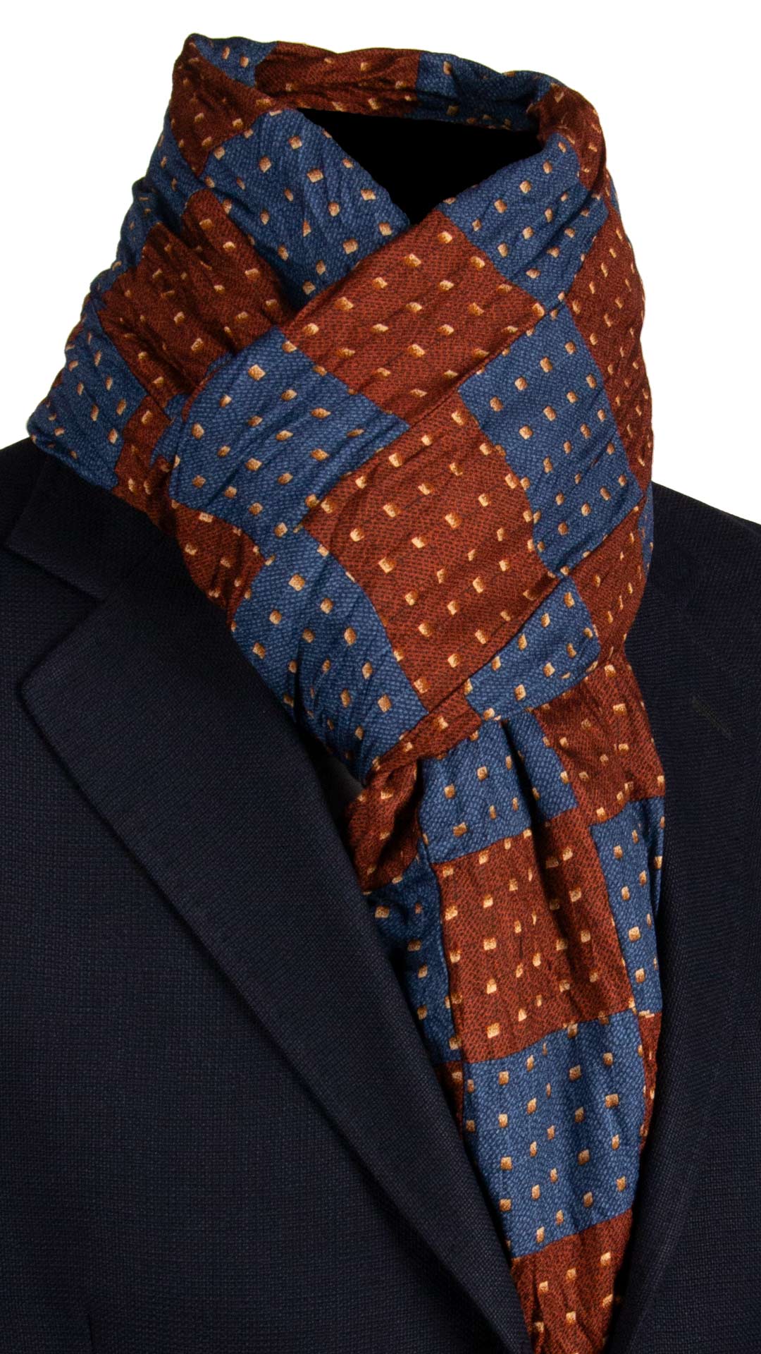 Sciarpa di Seta Marrone Blu Micro Mosaico Vintage Patchwork Fantasia Multicolor S746 Made in Italy Graffeo Cravatte