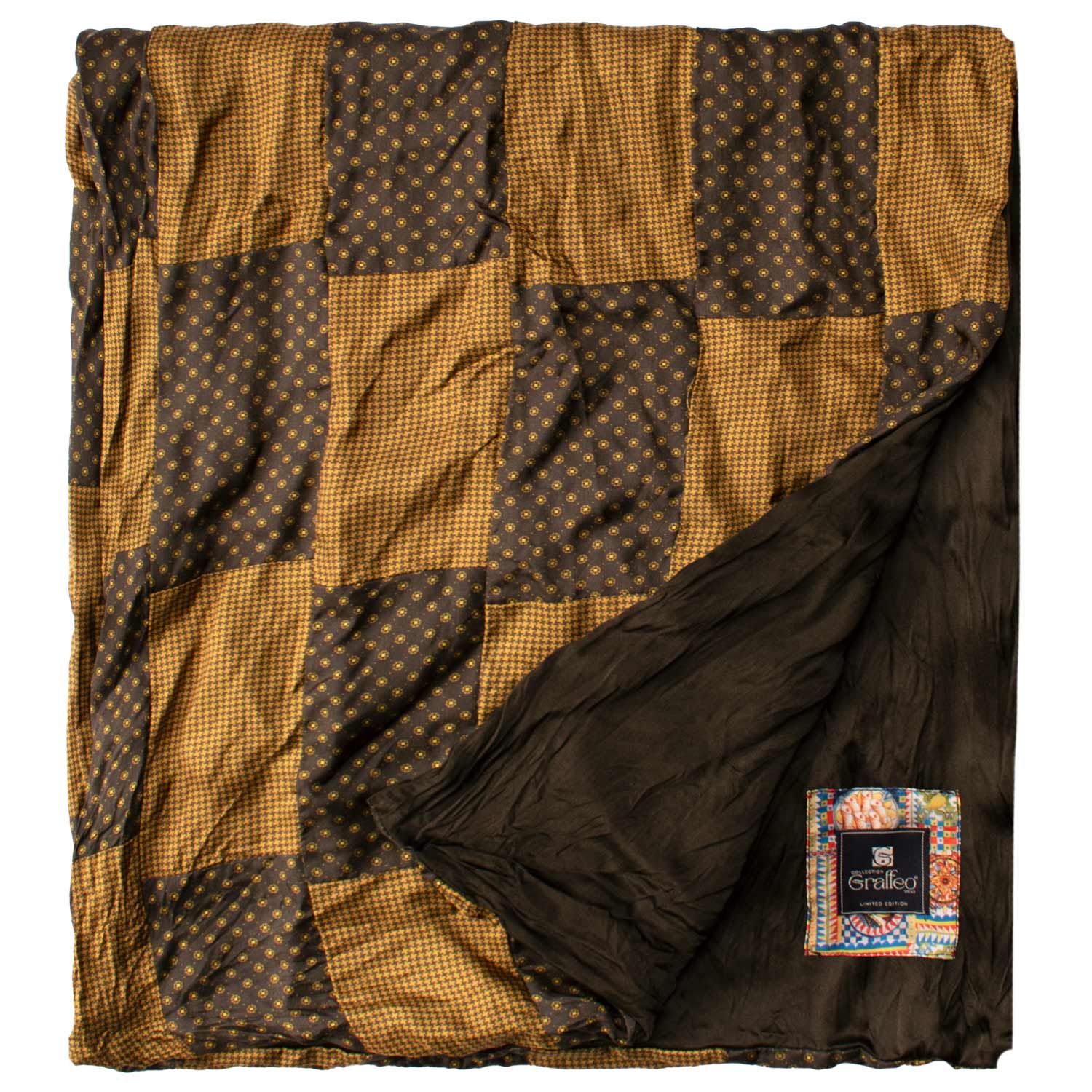 Sciarpa-di-Seta-Marrone-Giallo-Senape-Vintage-Patchwork-Fantasia- S657
Dettaglio