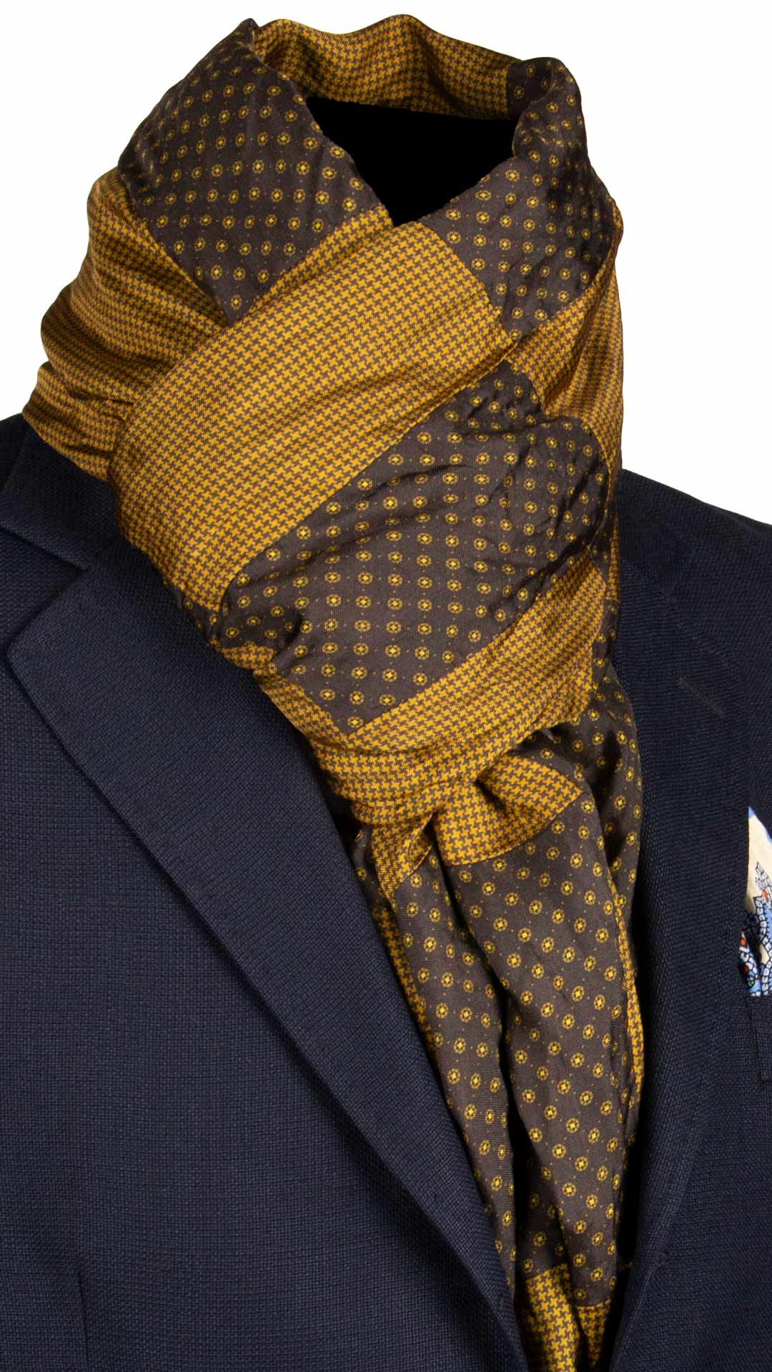 Sciarpa-di-Seta-Marrone-Giallo-Senape-Vintage-Patchwork-Fantasia- S657