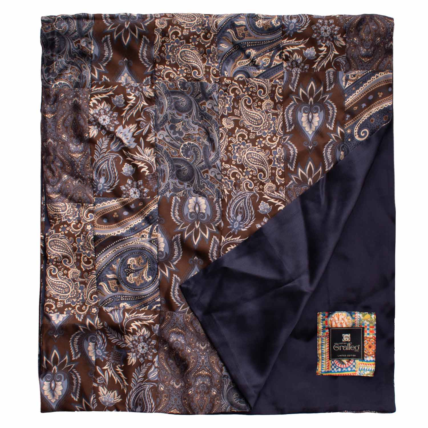 Sciarpa di Seta Marrone Patchwork Paisley Celeste Bianco Made in Italy Graffeo Cravatte Dettaglio