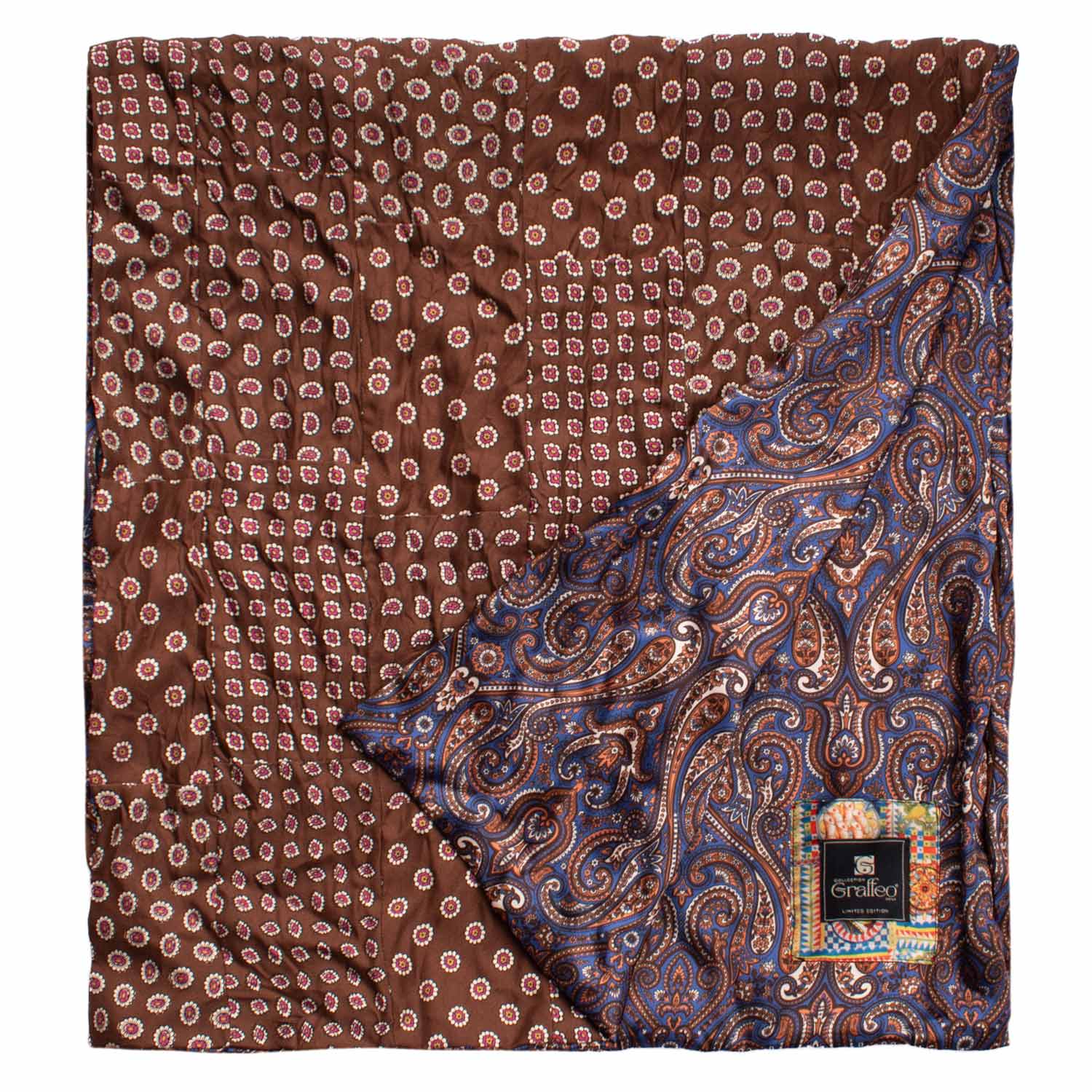 Sciarpa di Seta Marrone Patchwork a Fantasia Bianca Viola Giallo Made in Italy Graffeo Cravatte