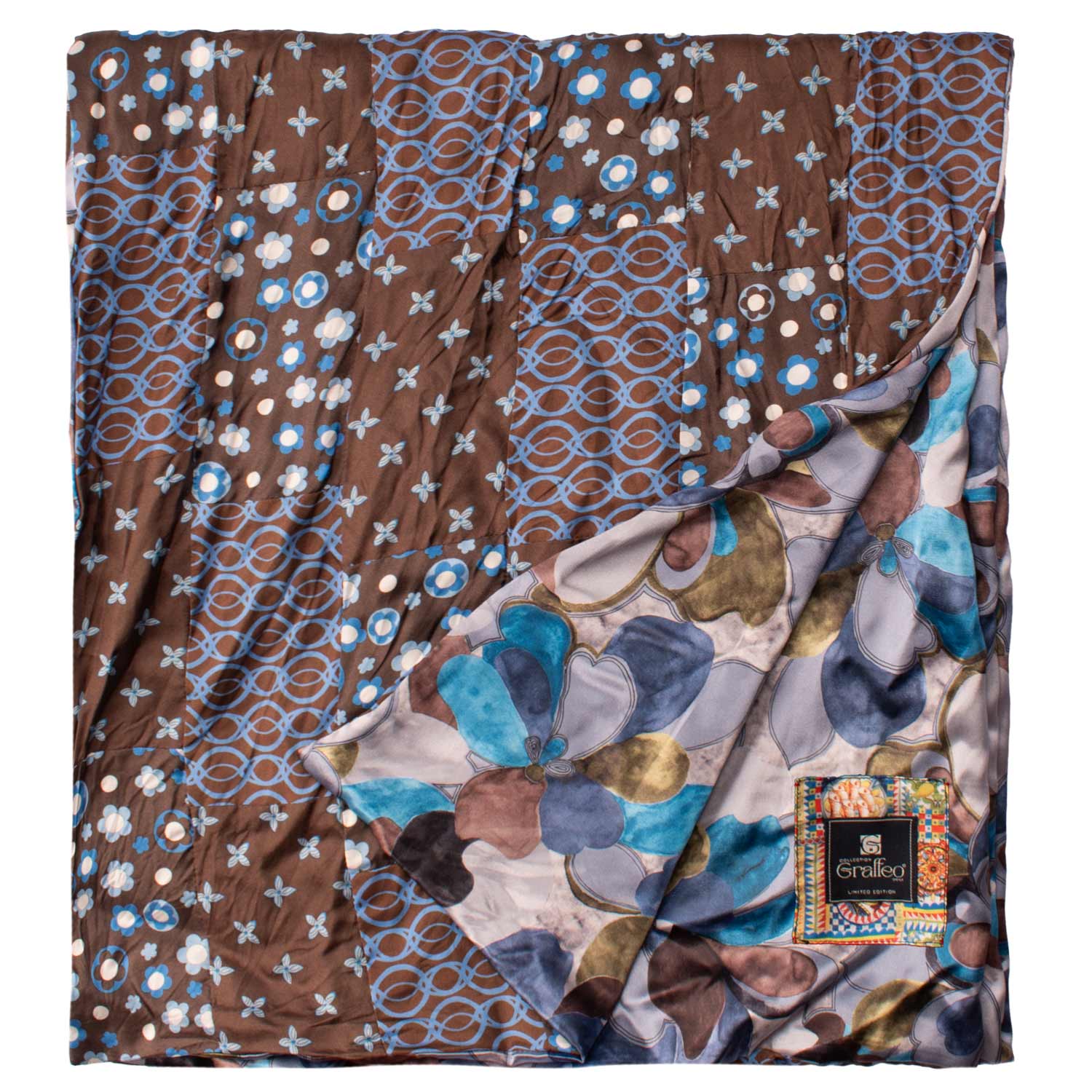 Sciarpa-di-Seta-Marrone-Vintage-Patchwork-Fantasia-Celeste-Bianca- S642
Dettaglio