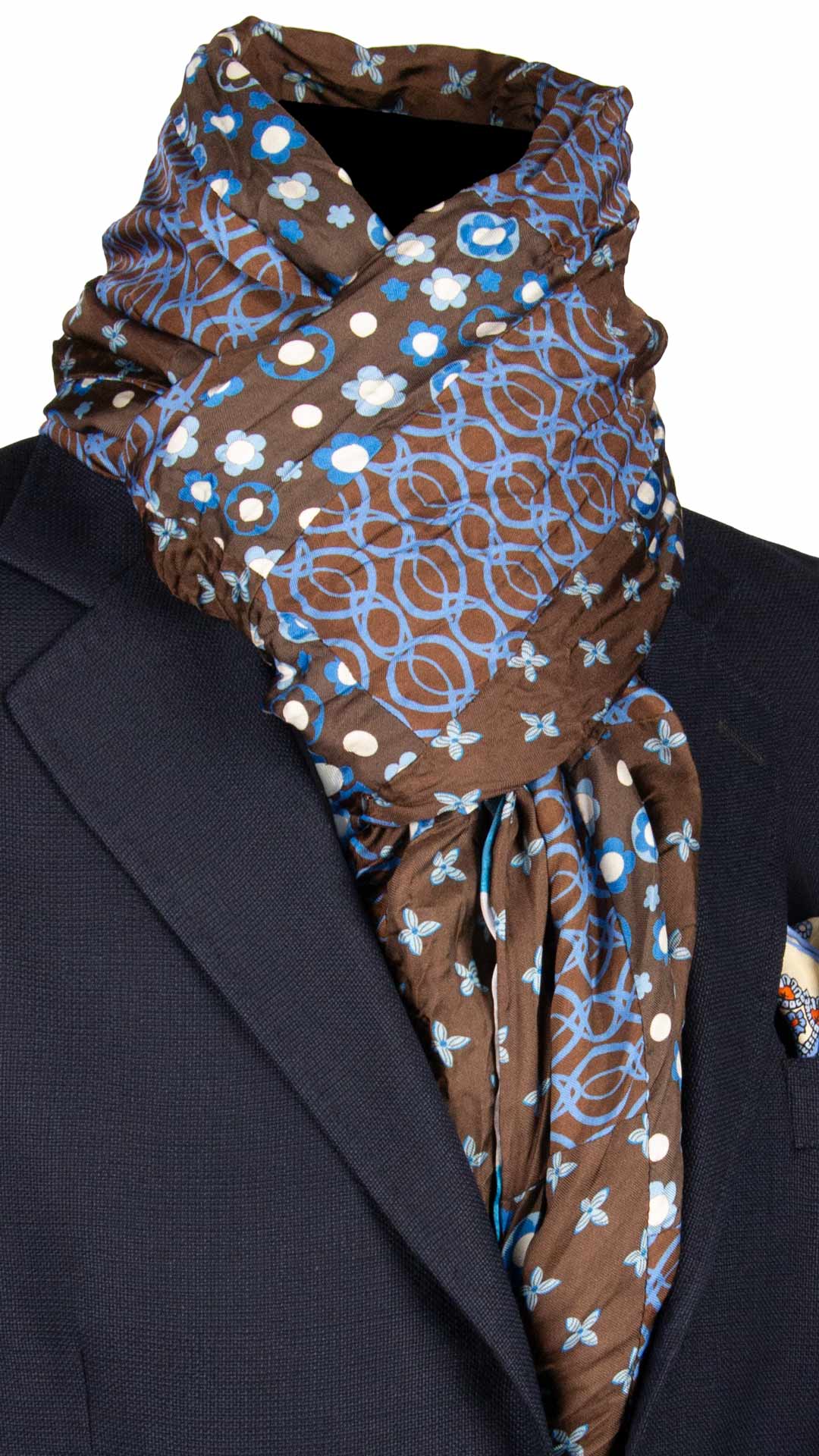 Sciarpa-di-Seta-Marrone-Vintage-Patchwork-Fantasia-Celeste-Bianca- S642