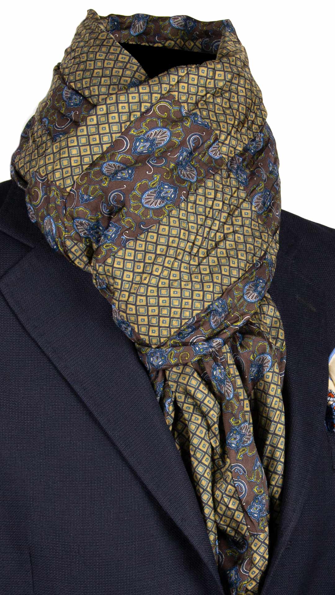 Sciarpa-di-Seta-Marrone-Vintage-Patchwork-Fantasia-Gialla-Celeste- S640