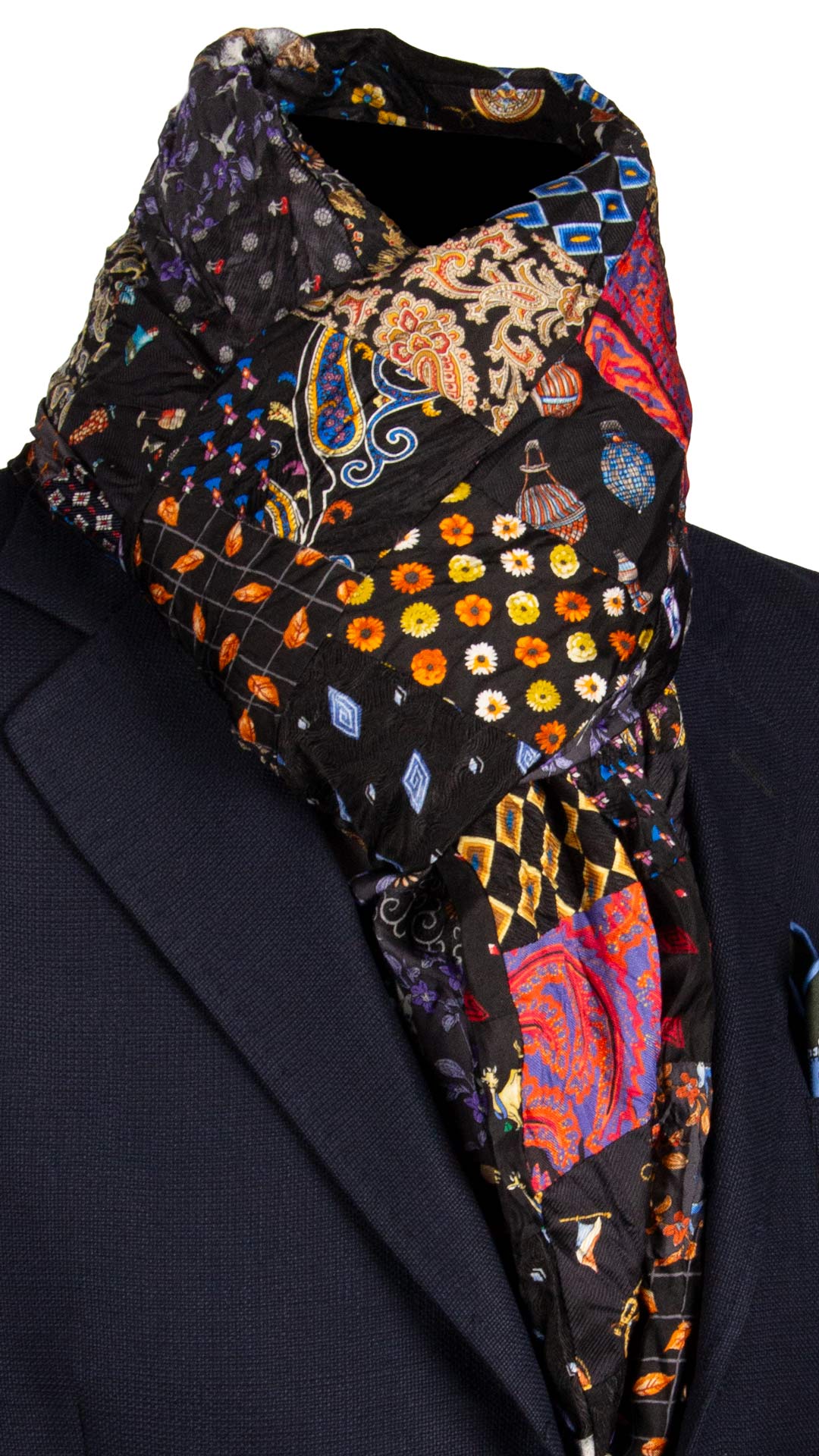 Sciarpa di Seta Nera Micro Mosaico Vintage Patchwork Fantasia Multicolor S718 Made in Italy Graffeo Cravatte