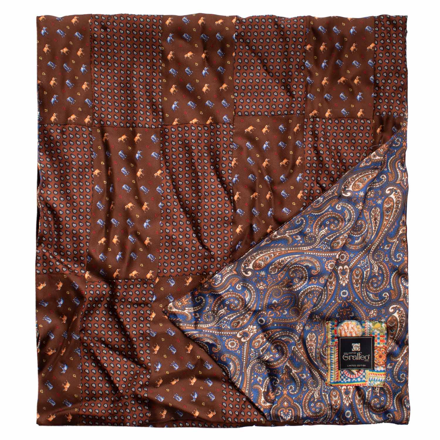 Sciarpa di Seta Patchwork Marrone Fantasia Multicolor Made in Italy Graffeo Cravatte Dettaglio