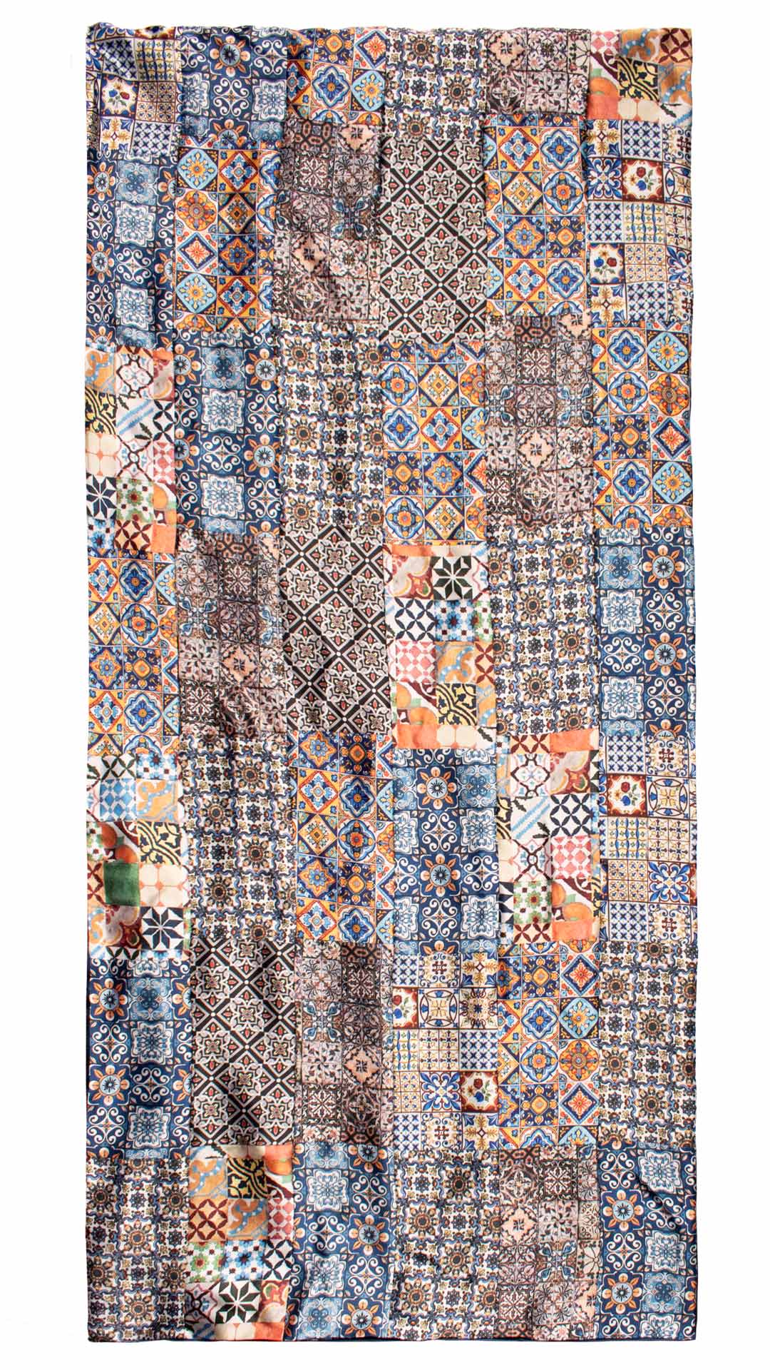 Sciarpa di Seta Raso Siciliana Vintage Patchwork con Maioliche Multicolor S755 Made in Italy Graffeo Cravatte Intera