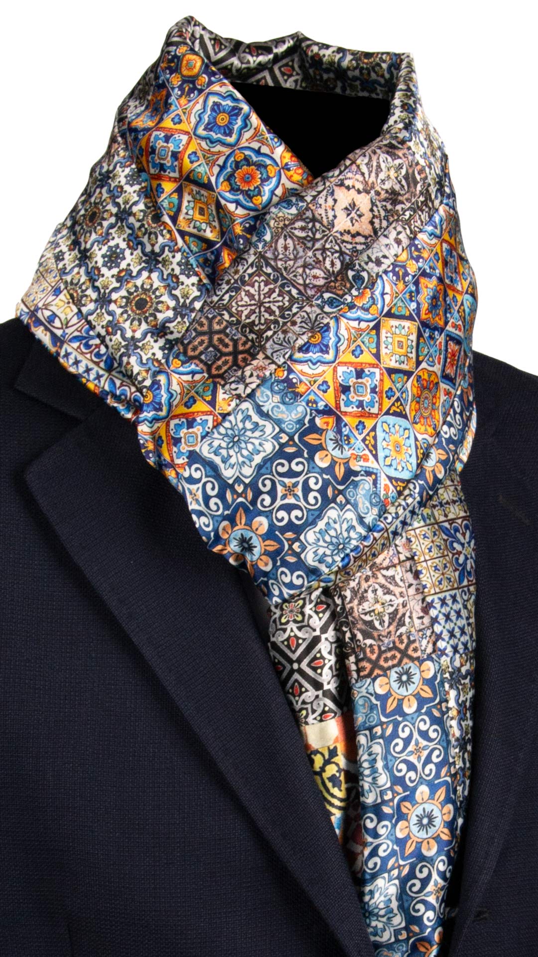 Sciarpa di Seta Raso Siciliana Vintage Patchwork con Maioliche Multicolor S755 Made in Italy Graffeo Cravatte