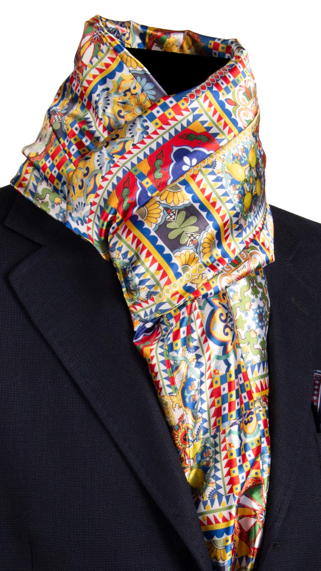Sciarpa di Seta Raso Siciliana Vintage Patchwork con Maioliche Multicolor S760 Graffeo Cravatte Made in Italy