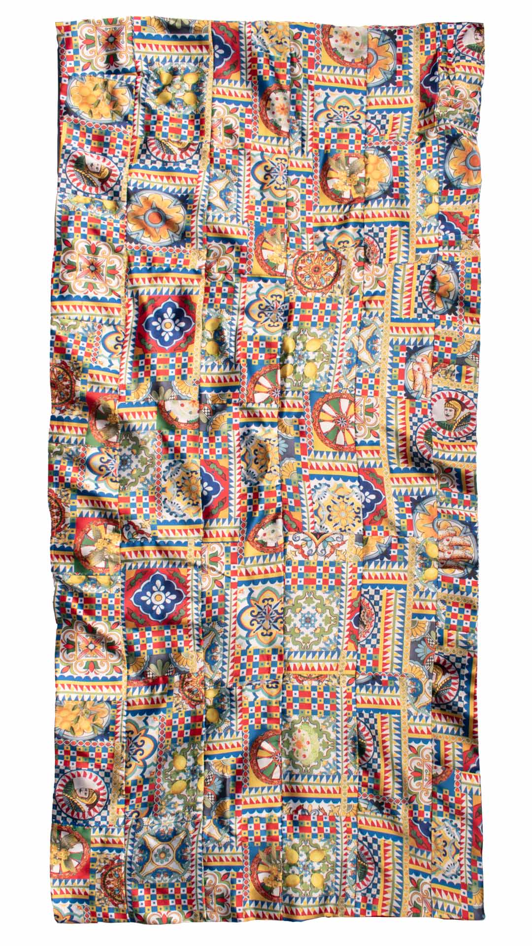 Sciarpa di Seta Raso Siciliana Vintage Patchwork con Maioliche Multicolor S760 Graffeo Cravatte Made in Italy Intera