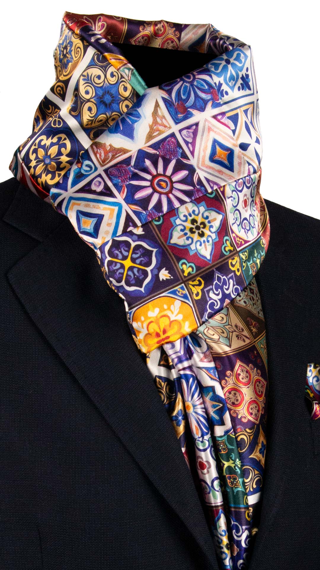 Sciarpa di Seta Raso Siciliana Vintage Patchwork con Maioliche Multicolor S772 Made in Italy Graffeo Cravatte