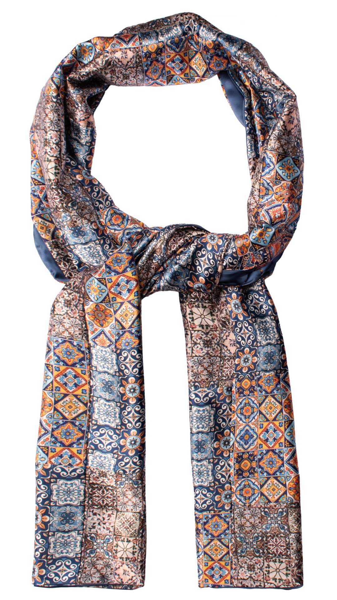 Sciarpa di Seta Raso Siciliana Vintage Patchwork con Maioliche S723 Graffeo Cravatte Made in Italy Anello