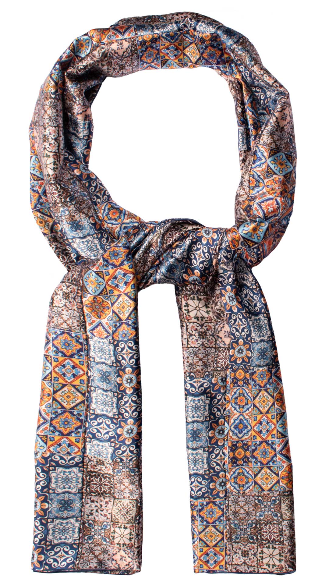 Sciarpa di Seta Raso Siciliana Vintage Patchwork con Maioliche S723 Graffeo Cravatte Made in Italy Anello