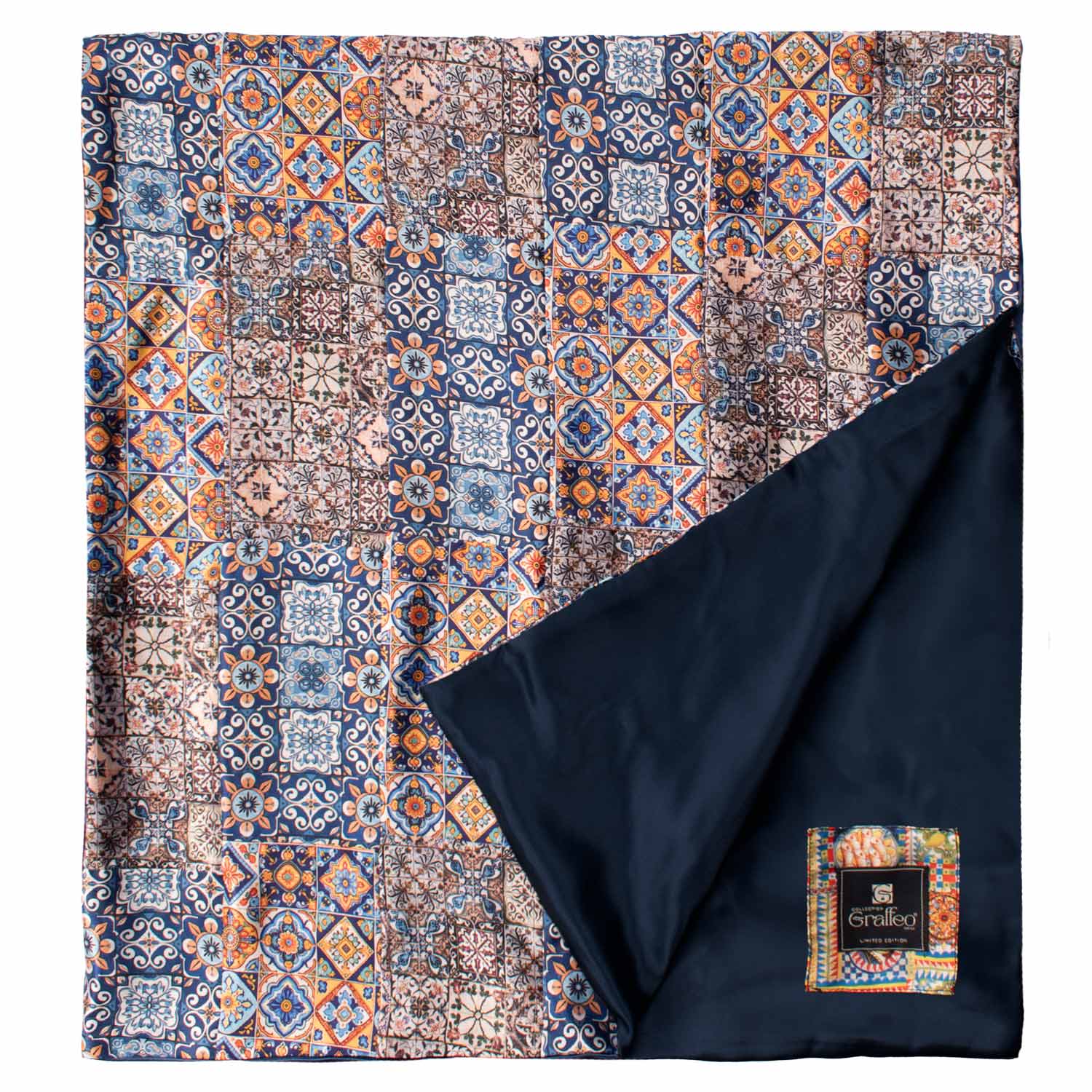 Sciarpa di Seta Raso Siciliana Vintage Patchwork con Maioliche S723 Graffeo Cravatte Made in Italy Dettaglio