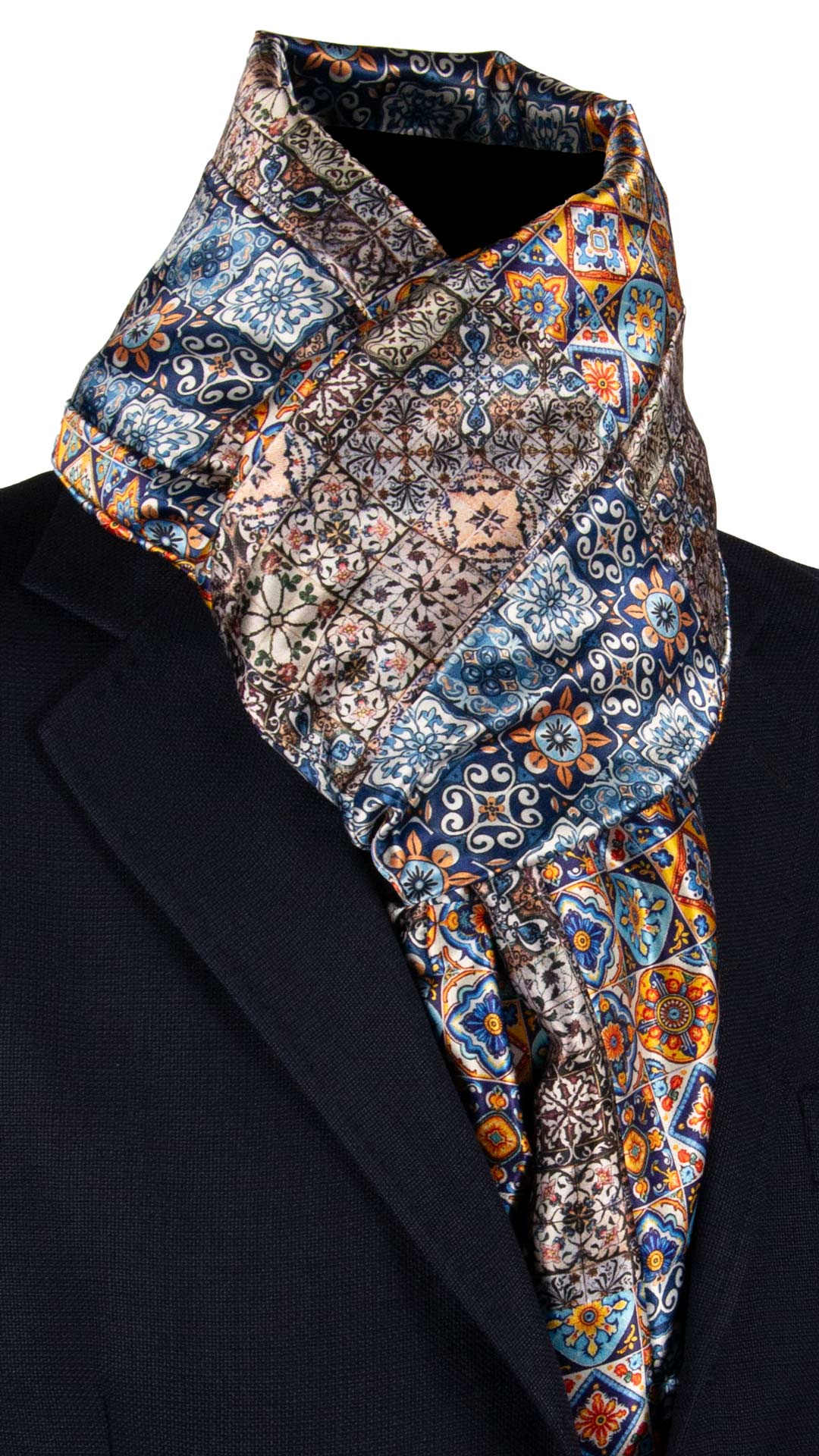 Sciarpa di Seta Raso Siciliana Vintage Patchwork con Maioliche S723 Graffeo Cravatte Made in Italy