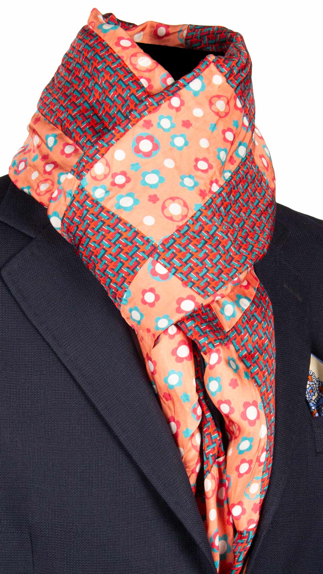 Sciarpa-di-Seta-Rosa-Salmone-Vintage-Patchwork-Fantasia-Multicolor- S652