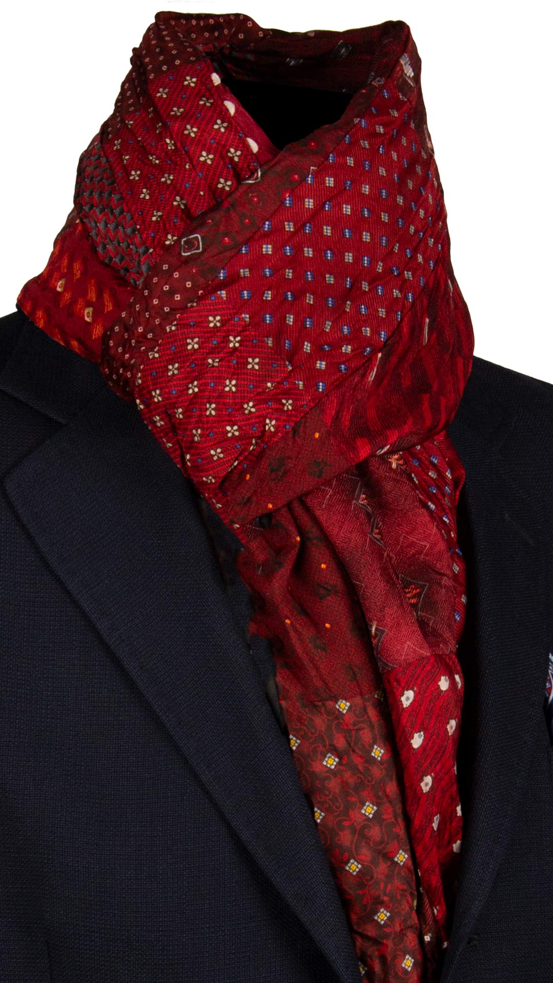 Sciarpa di Seta Rosso Bordeaux Vintage Patchwork Fantasia Multicolor S761 Made in Italy Graffeo Cravatte