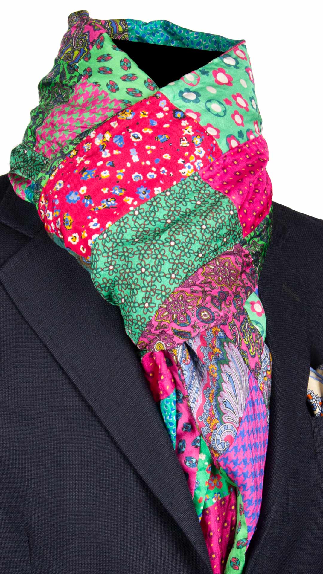 Sciarpa-di-Seta-Verde-Fucsia-Vintage-Patchwork-Fantasia-Multicolor- S648