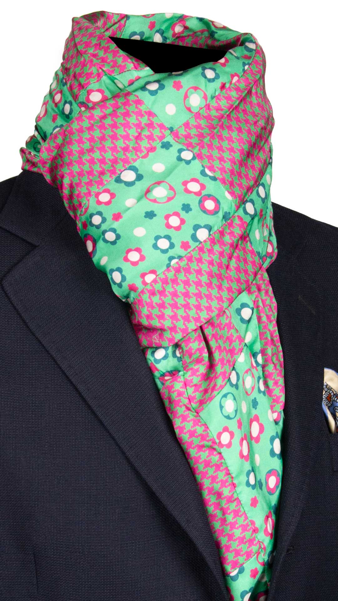 Sciarpa-di-Seta-Verde-Vintage-Patchwork-Fantasia-Fucsia-Bianco-S629