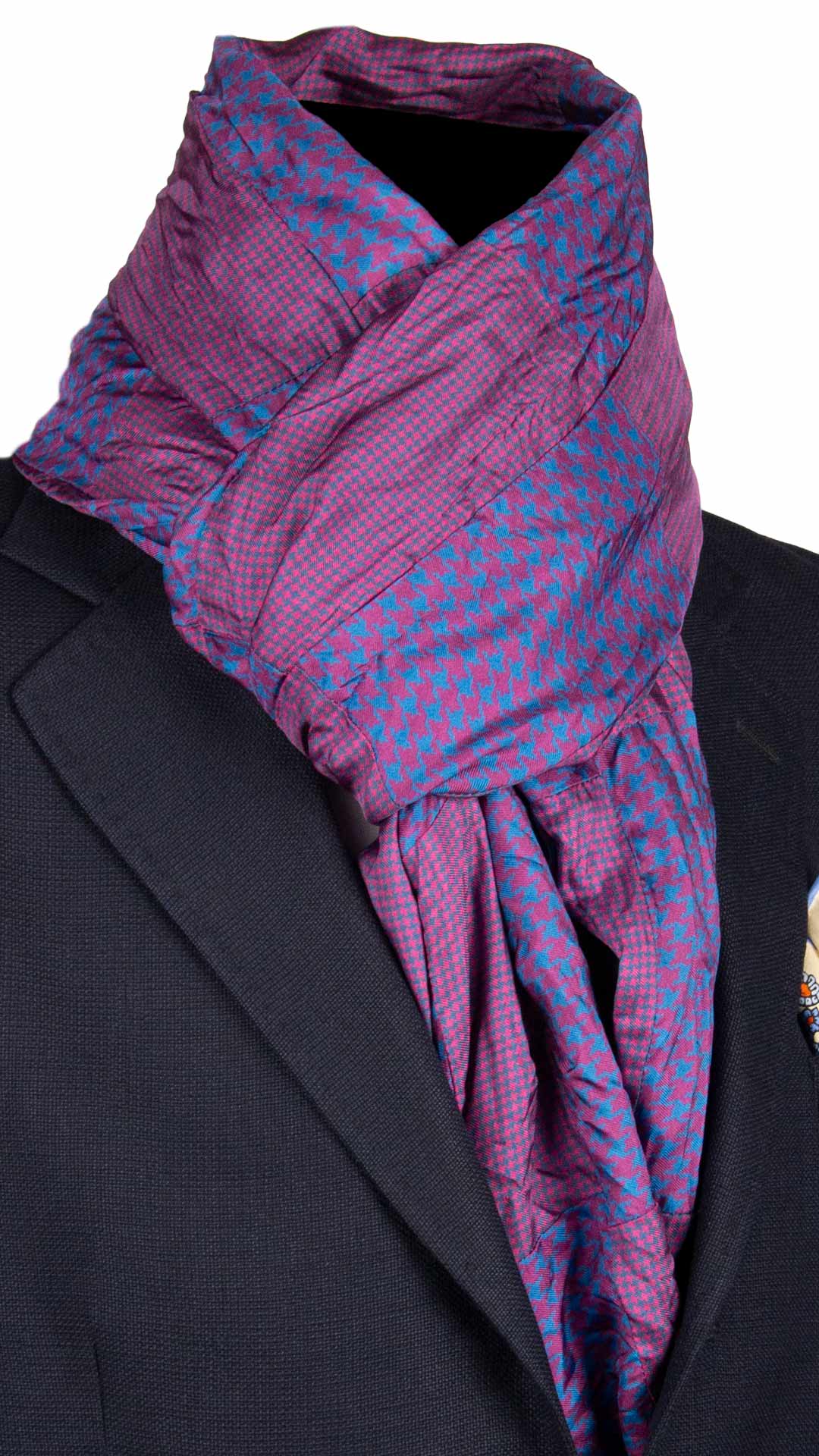 Sciarpa-di-Seta-Viola-Blu-Vintage-Patchwork-Fantasia-Pied-de-Poule- S641