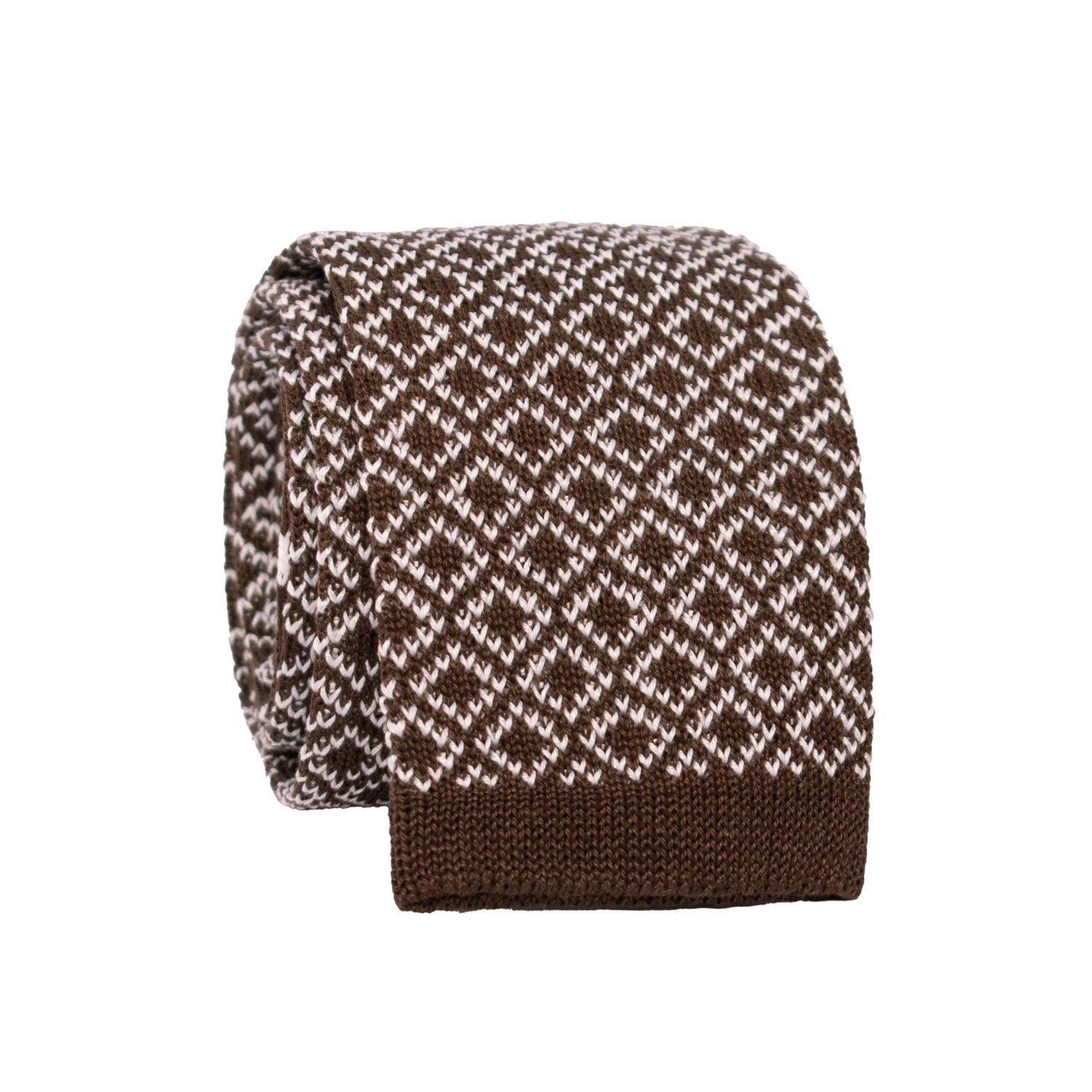 Cravatta Tricot in Maglia di Cotone Marrone Fantasia Bianca Pala Piccola in Contrasto TRI735 Rotolo