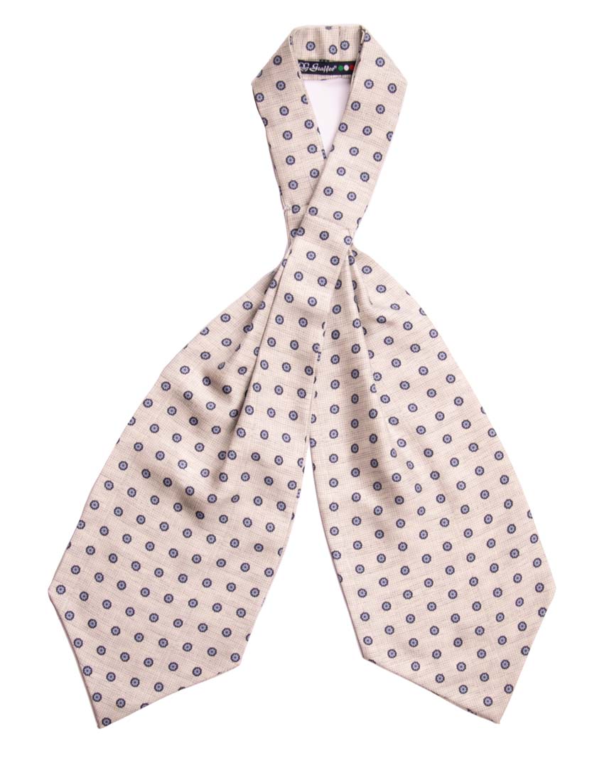Ascot Stampa di Seta Grigio Chiaro Effetto Lino a Fiori Blu Celeste Made in Italy Graffeo Cravatte