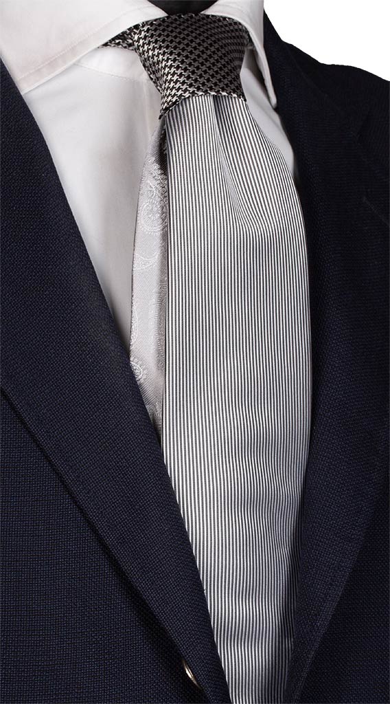 Cravatta Argento Nera Nodo Pied de Poule Bianco Nero Made in Italy Graffeo Cravatte